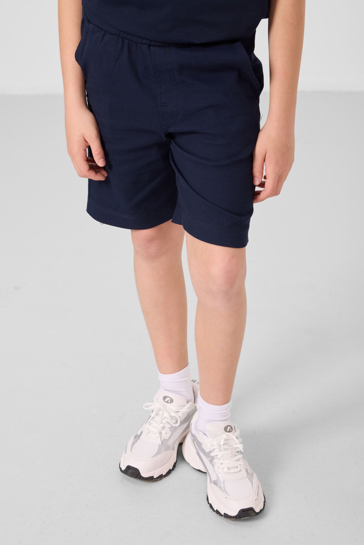 Lacivert Pamuklu Oversize Fit Dokuma Hafif Esnek Chino Erkek Çocuk Şort Takım - 11279