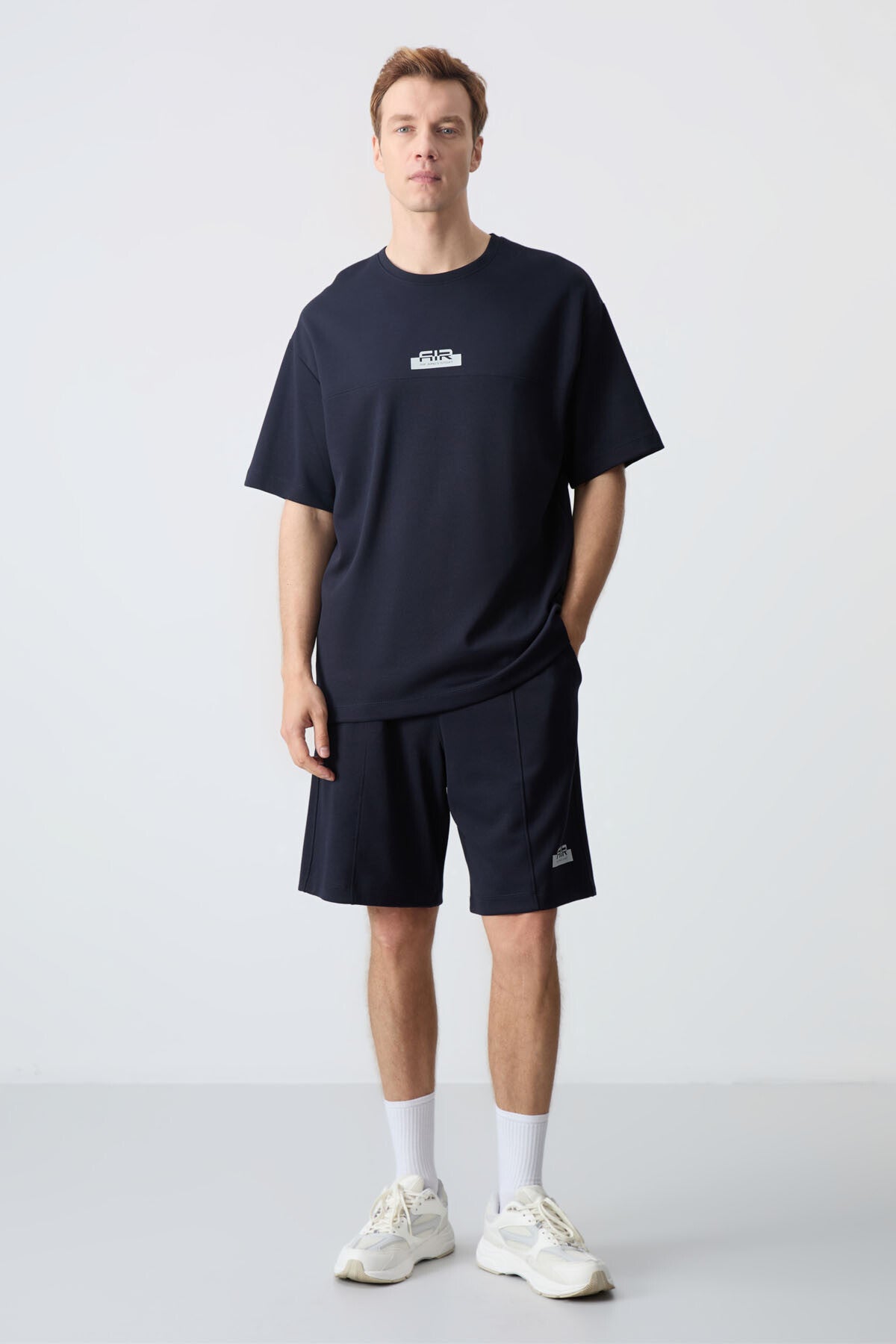 Lacivert Pamuklu Kalın Yumuşak Dokulu Oversize Fit Basic Erkek Şort Takım - 85259