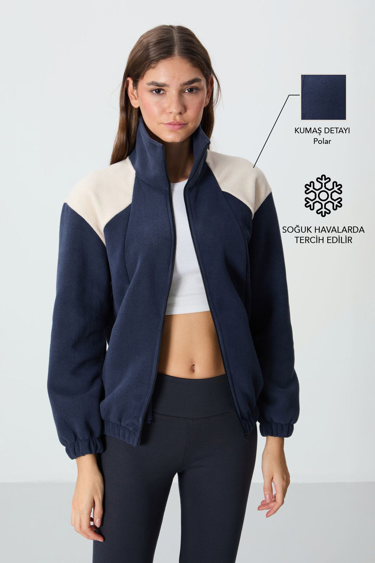 Lacivert Kalın Yumuşak Dokulu Dik Yaka Oversize Nakışlı Polar Kadın Sweatshirt - 97293