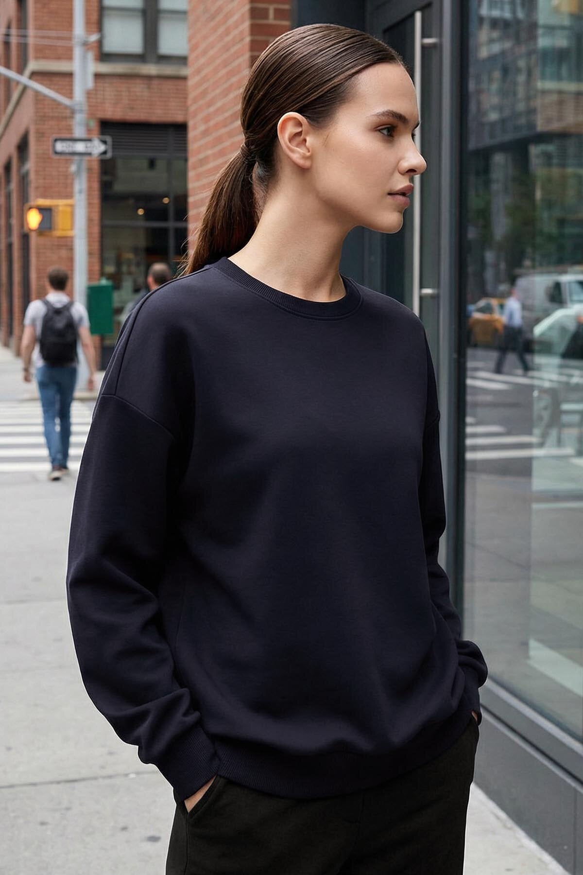 Lacivert Basic O Yaka Oversize Kadın Sweatshirt - 97053