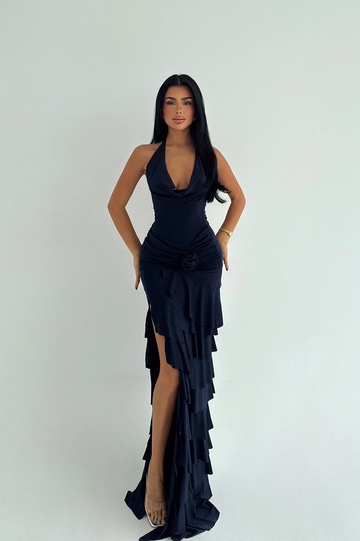 Lacivert Destiny Uzun Yırtmaçlı Elbise ATE-3541