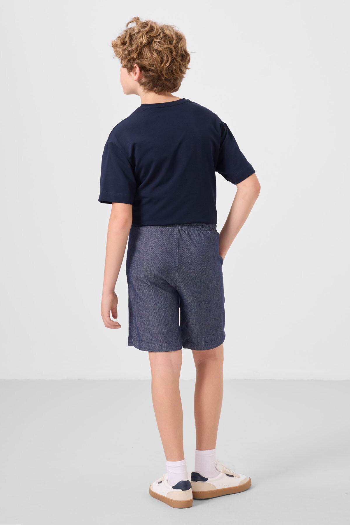 Lacivert-Kot Lacivert Pamuklu Oversize Fit Dokuma Hafif Esnek Chino Erkek Çocuk Şort Takım - 11276