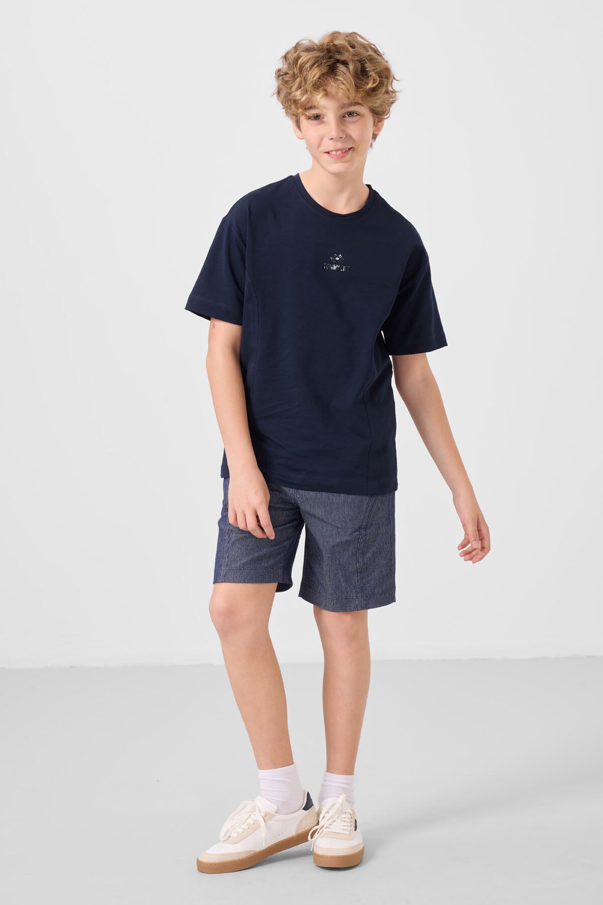 Lacivert-Kot Lacivert Pamuklu Oversize Fit Dokuma Hafif Esnek Chino Erkek Çocuk Şort Takım - 11276