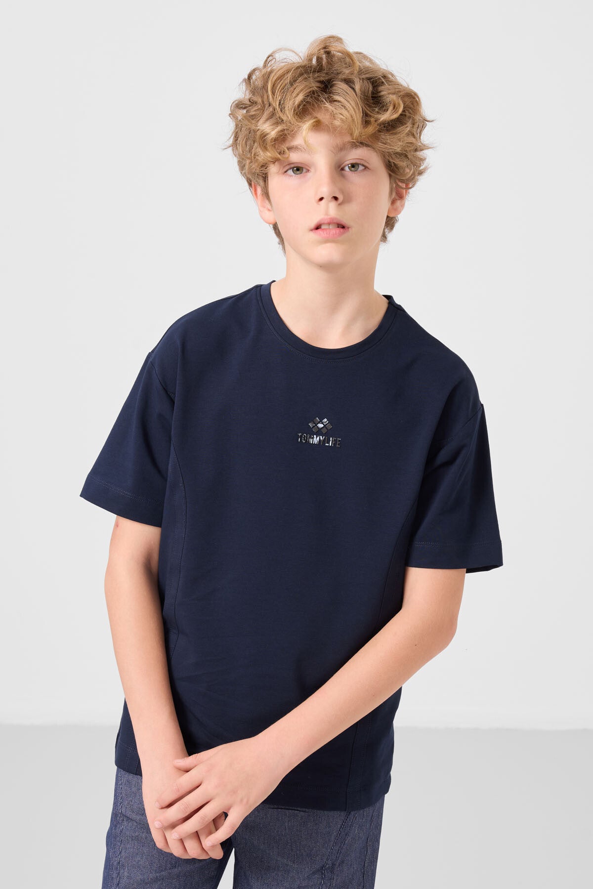 Lacivert-Kot Lacivert Pamuklu Oversize Fit Dokuma Hafif Esnek Chino Erkek Çocuk Şort Takım - 11276