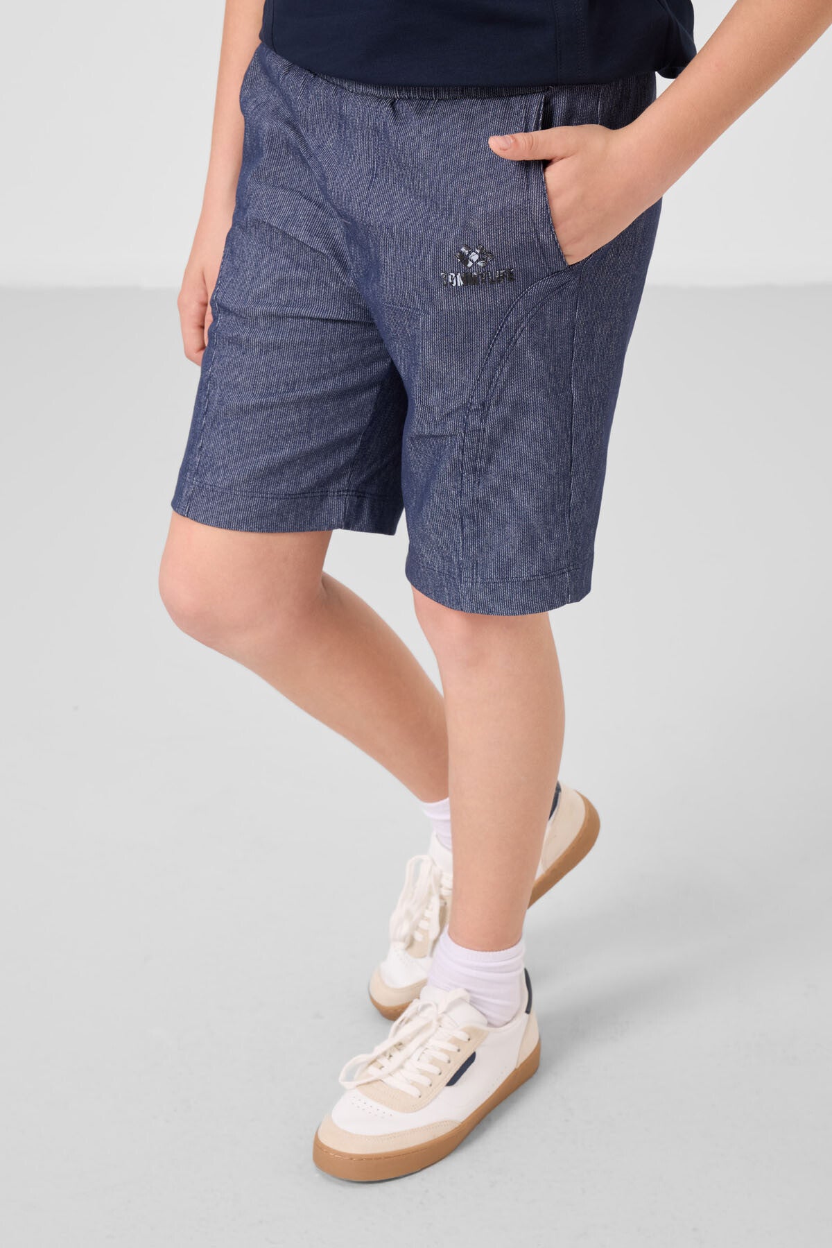 Lacivert-Kot Lacivert Pamuklu Oversize Fit Dokuma Hafif Esnek Chino Erkek Çocuk Şort Takım - 11276