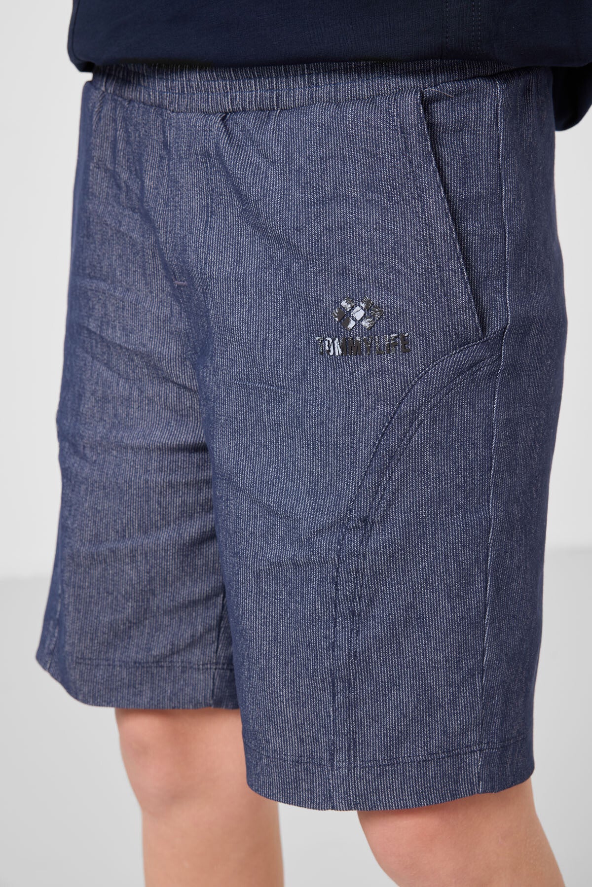 Lacivert-Kot Lacivert Pamuklu Oversize Fit Dokuma Hafif Esnek Chino Erkek Çocuk Şort Takım - 11276