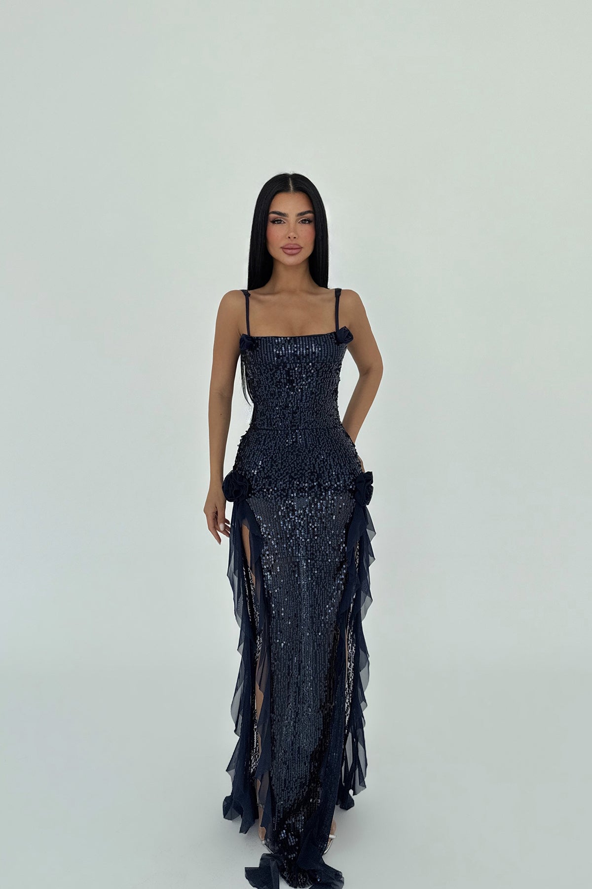 Lacivert Paxton Payetli Uzun Yırtmaçlı Elbise ATE-2616