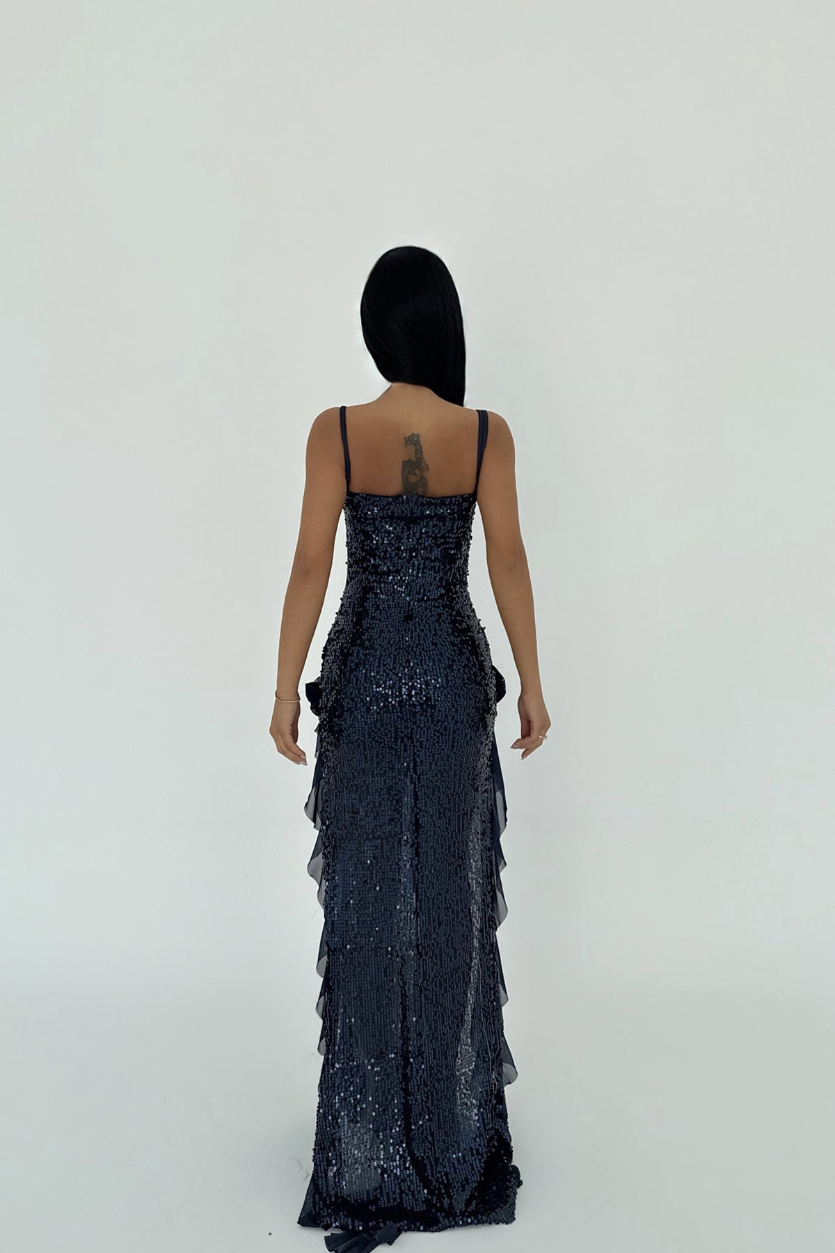 Lacivert Paxton Payetli Uzun Yırtmaçlı Elbise ATE-2616