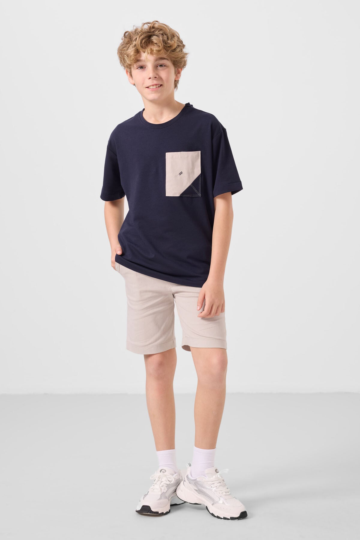Lacivert-Taş Pamuklu Oversize Fit Dokuma Hafif Esnek Chino Erkek Çocuk Şort Takım - 11278