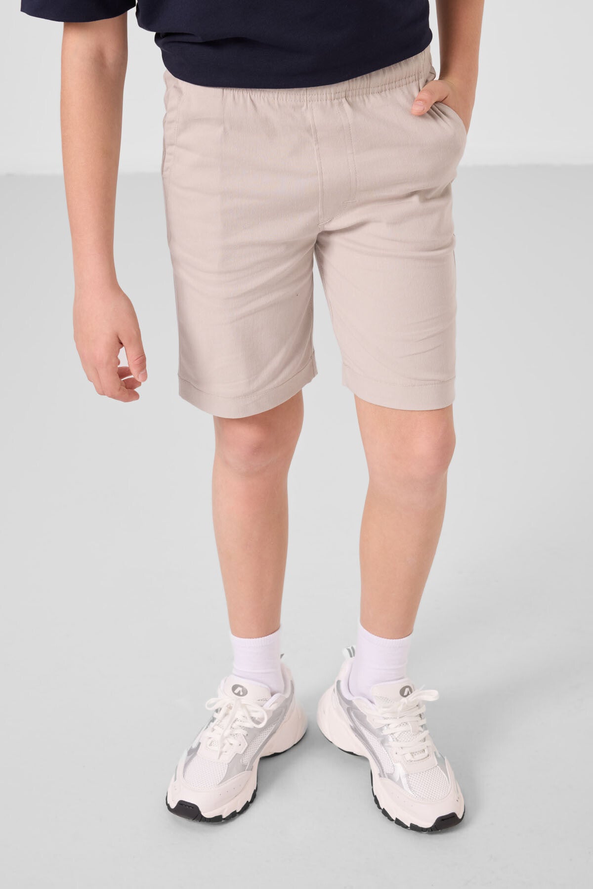 Lacivert-Taş Pamuklu Oversize Fit Dokuma Hafif Esnek Chino Erkek Çocuk Şort Takım - 11278