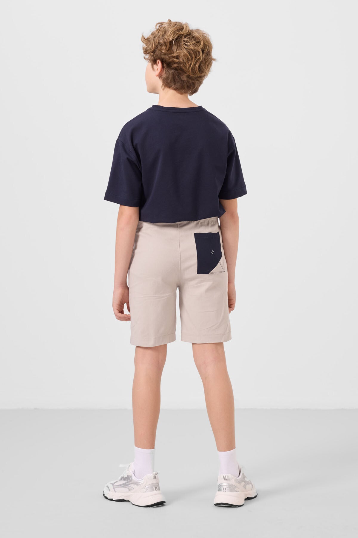 Lacivert-Taş Pamuklu Oversize Fit Dokuma Hafif Esnek Chino Erkek Çocuk Şort Takım - 11278