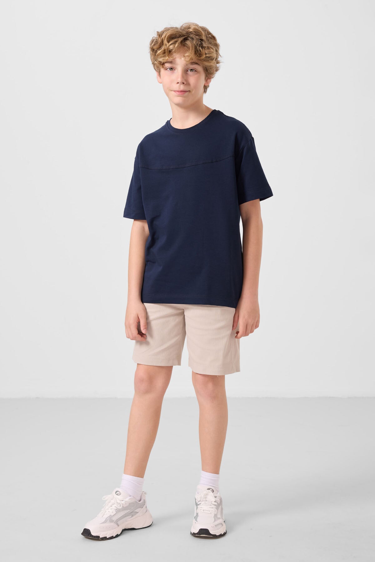 Lacivert-Taş Pamuklu Oversize Fit Dokuma Hafif Esnek Chino Erkek Çocuk Şort Takım - 11279