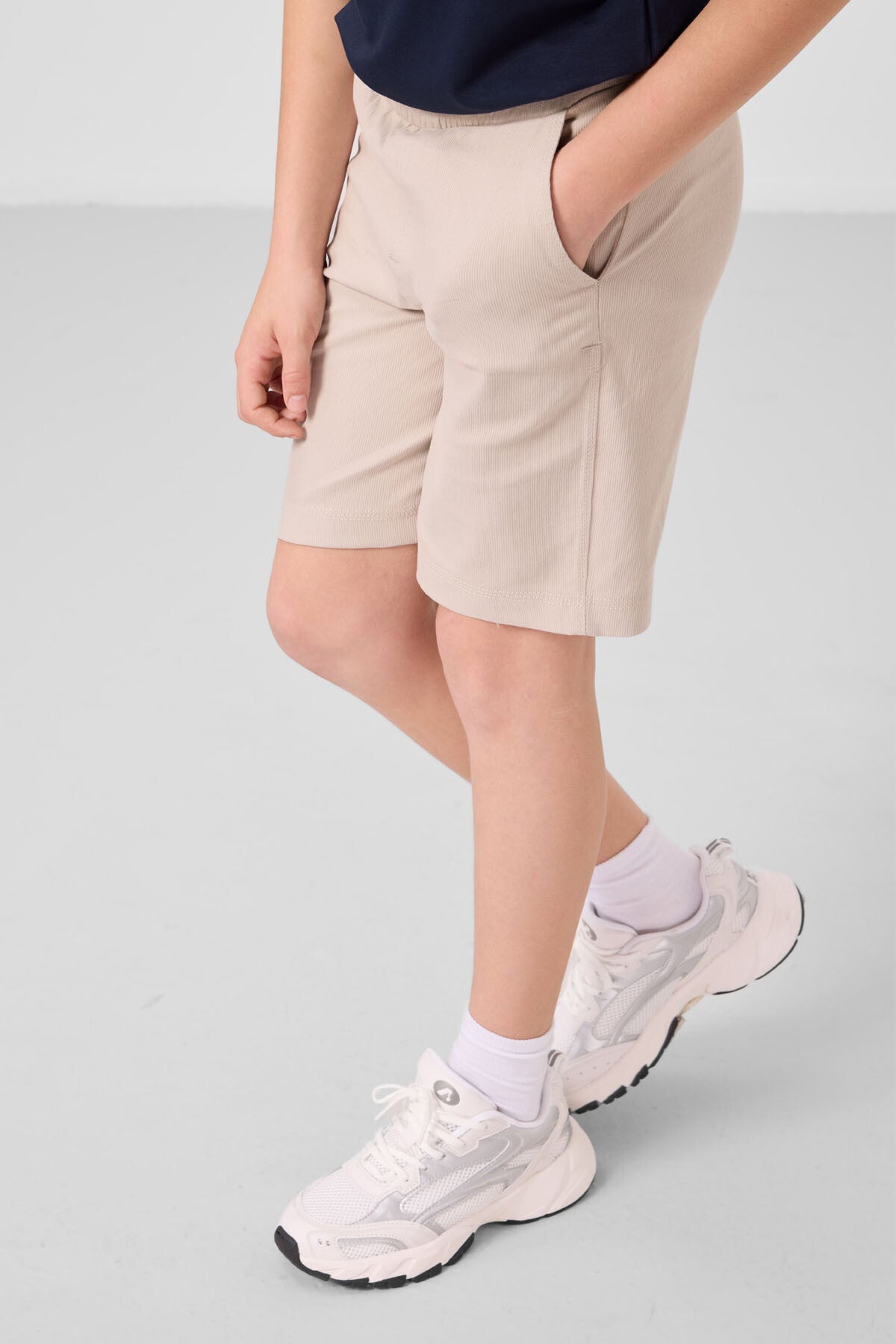 Lacivert-Taş Pamuklu Oversize Fit Dokuma Hafif Esnek Chino Erkek Çocuk Şort Takım - 11279