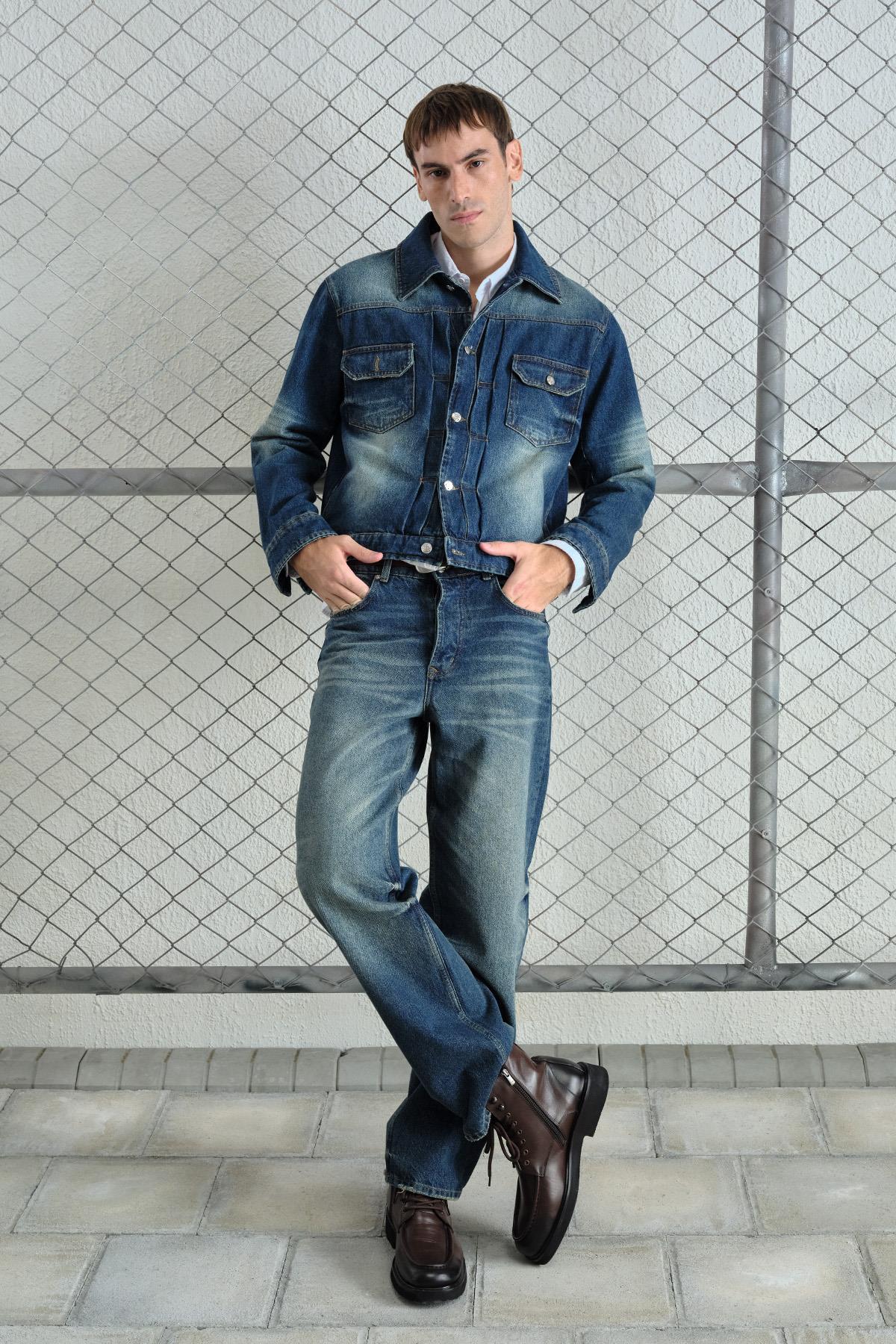 Lazer Efektli Yıkamalı Denim Ceket