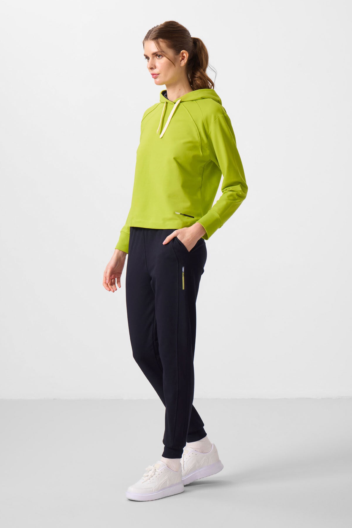 Lime Yeşil-Lacivert Kapüşonlu Oversize Kadın Eşofman Takım - 95336