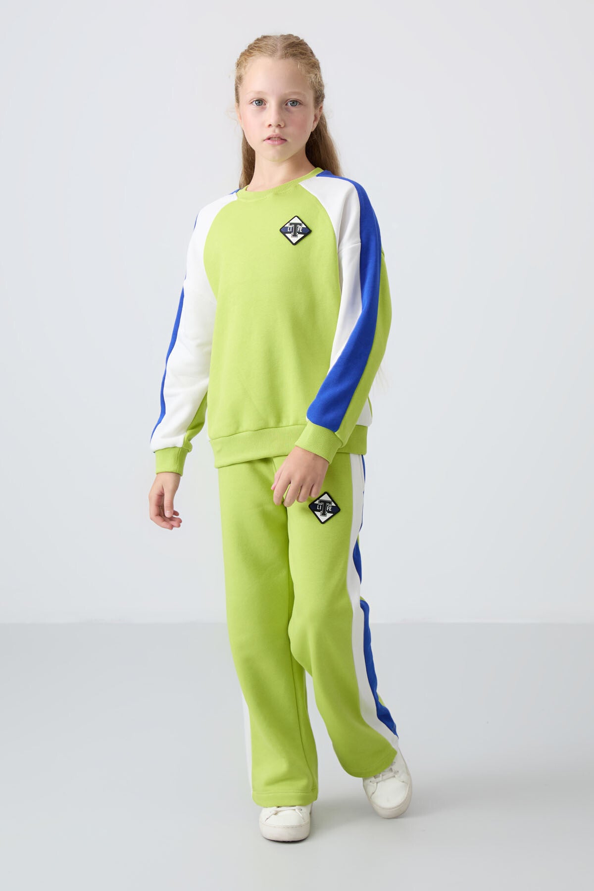 Lime Yeşil O Yaka Geniş Paça Standart Fit Baskılı Kız Çocuk Eşofman Takım - 75165
