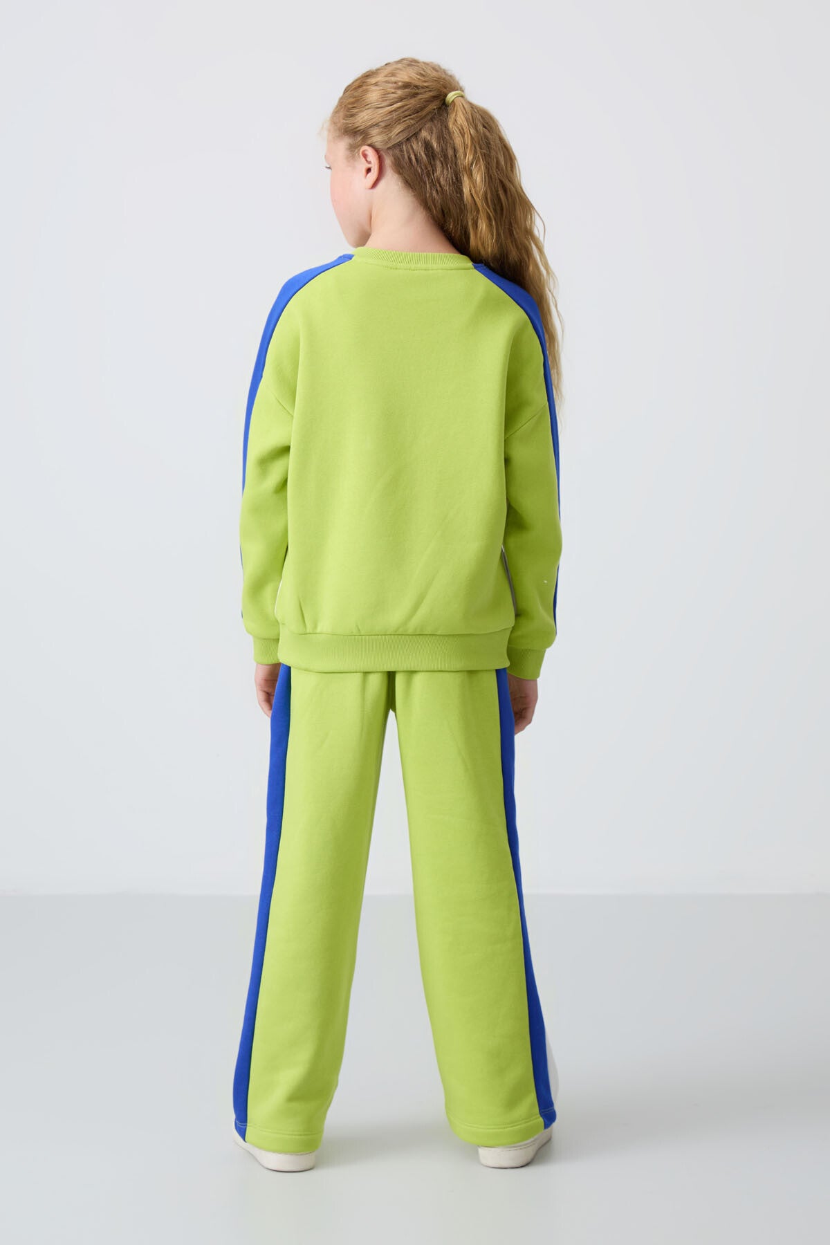 Lime Yeşil O Yaka Geniş Paça Standart Fit Baskılı Kız Çocuk Eşofman Takım - 75165