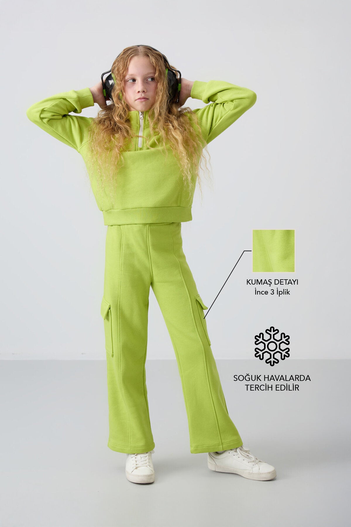 Lime Yeşil Pamuklu İçi Tüylü Yumuşak Dokulu Standart Fit Nakışlı Kız Çocuk Eşofman Takım - 75159