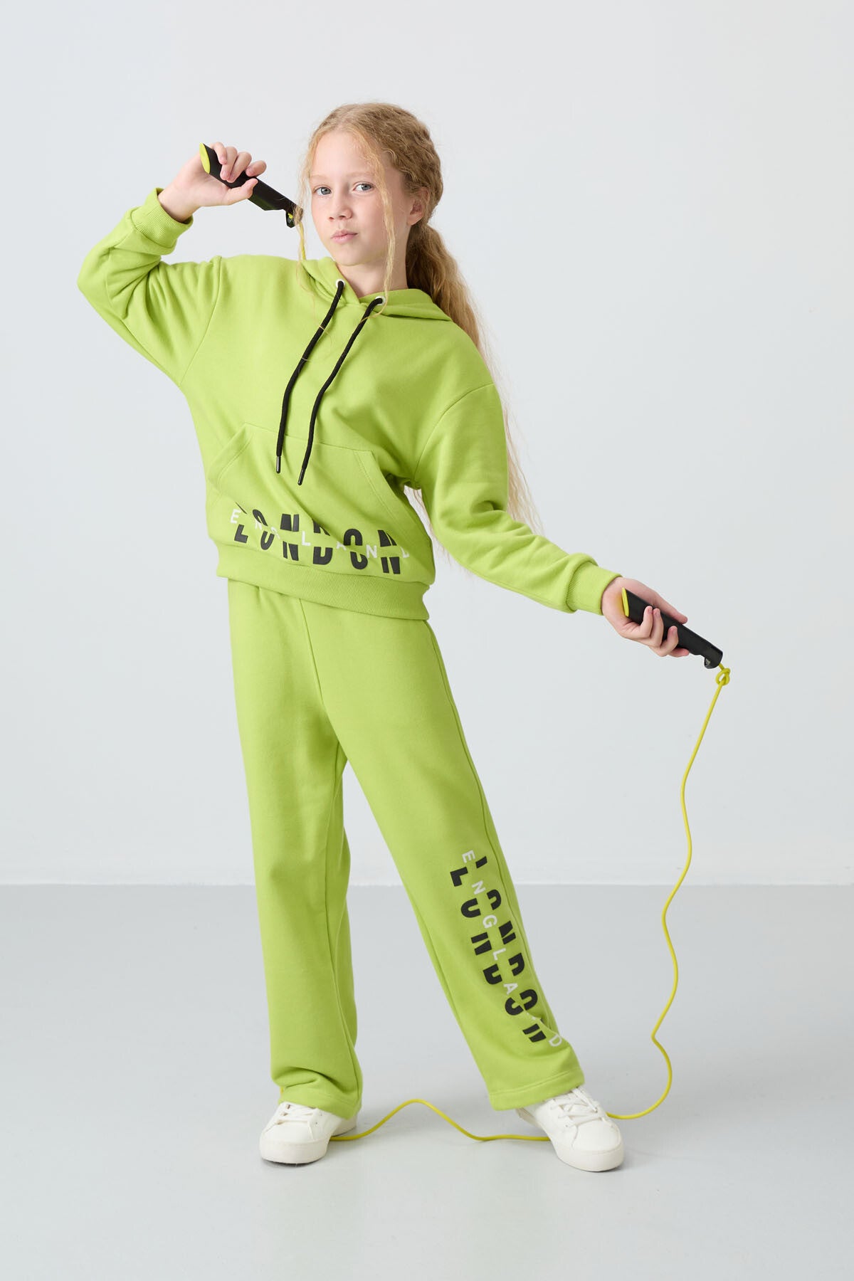 Lime Yeşil Pamuklu İçi Tüylü Yumuşak Dokulu Oversize Baskılı Kız Çocuk Eşofman Takım - 75147