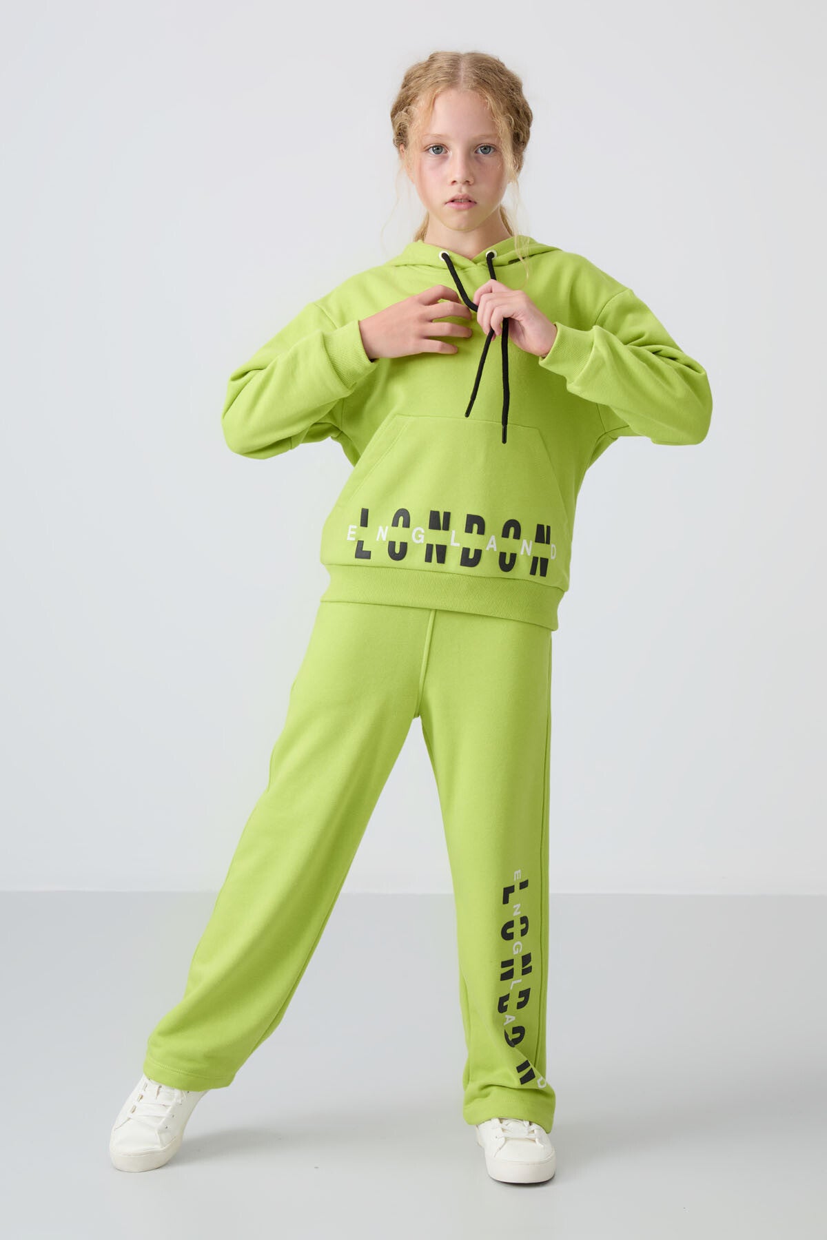 Lime Yeşil Pamuklu İçi Tüylü Yumuşak Dokulu Oversize Baskılı Kız Çocuk Eşofman Takım - 75147