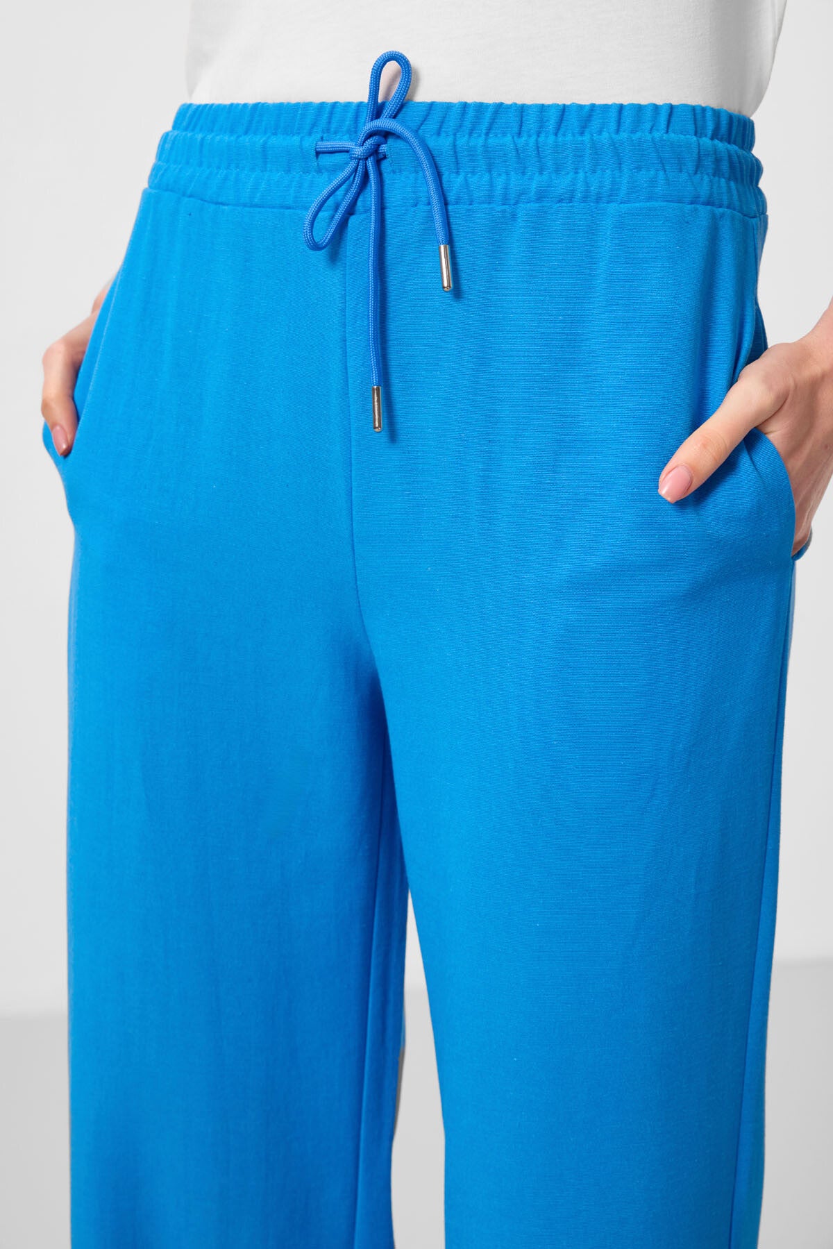 Mavi Keten Geniş Paça Rahat Form Kadın Palazzo Pantolon - 94675