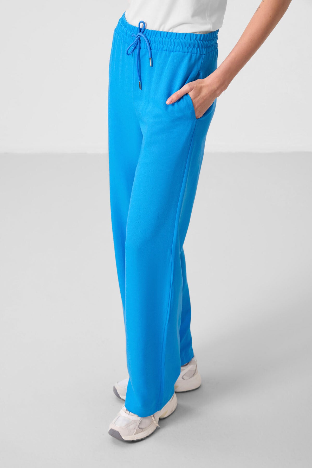 Mavi Keten Geniş Paça Rahat Form Kadın Palazzo Pantolon - 94675