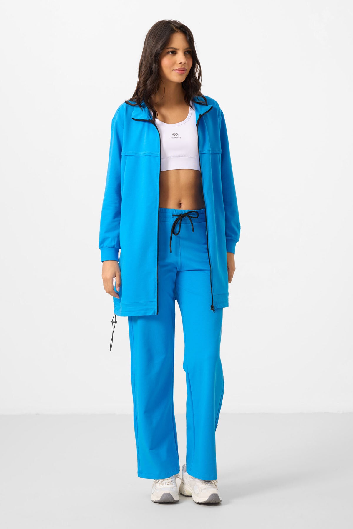 Mavi Dik Yaka Fermuarlı Pamuklu Kadın Eşofman Tunik Takım - 95346