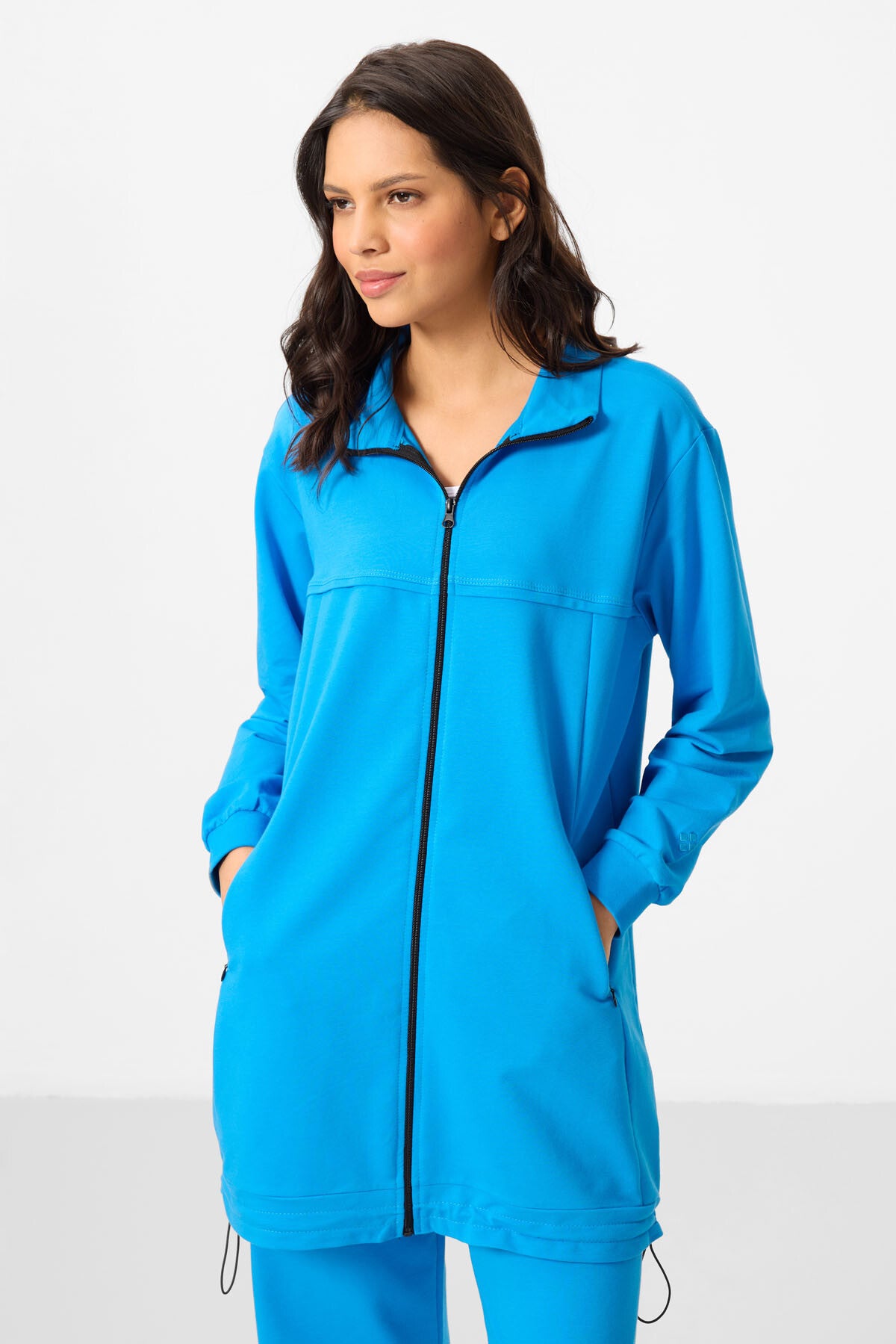 Mavi Dik Yaka Fermuarlı Pamuklu Kadın Eşofman Tunik Takım - 95346