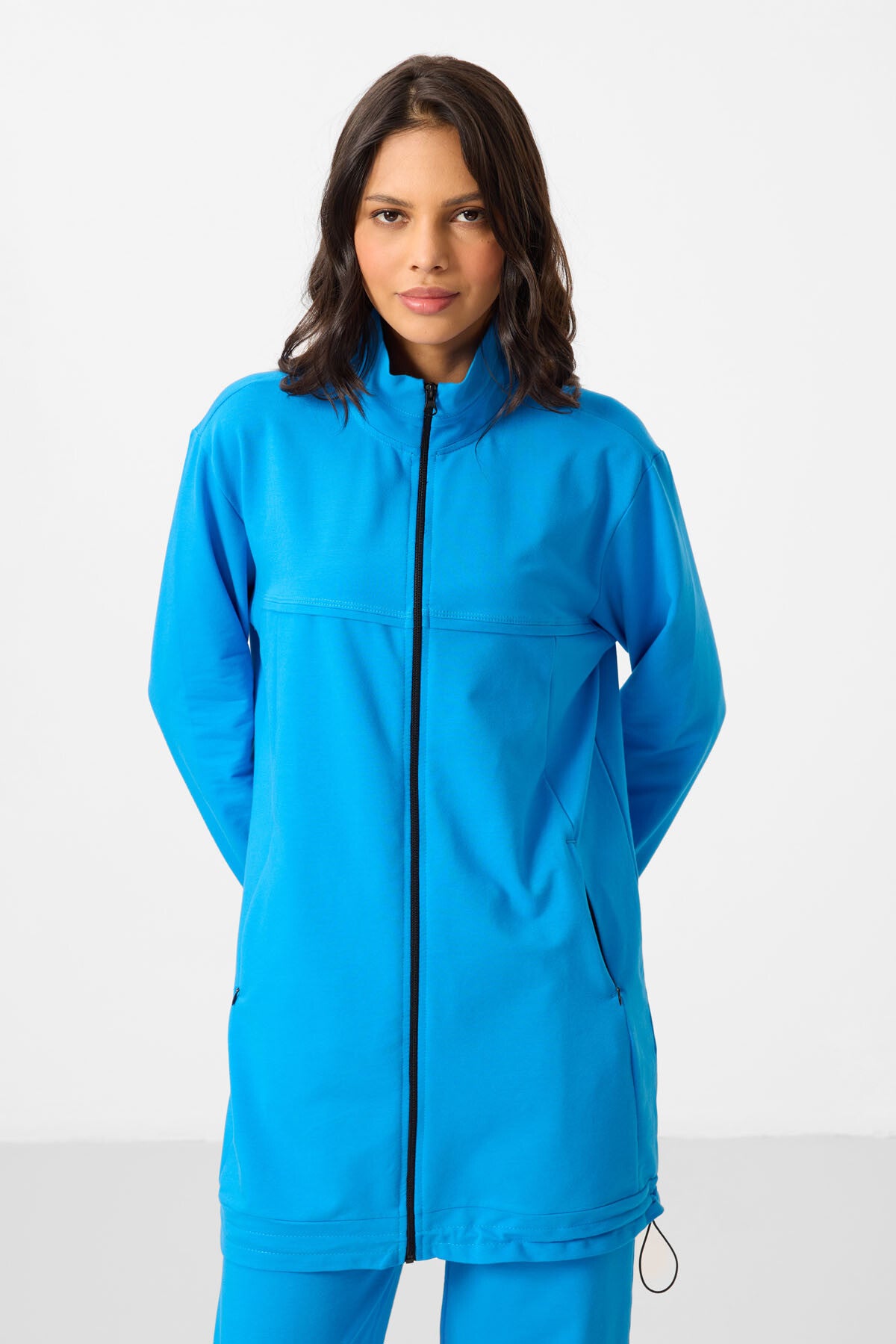 Mavi Dik Yaka Fermuarlı Pamuklu Kadın Eşofman Tunik Takım - 95346