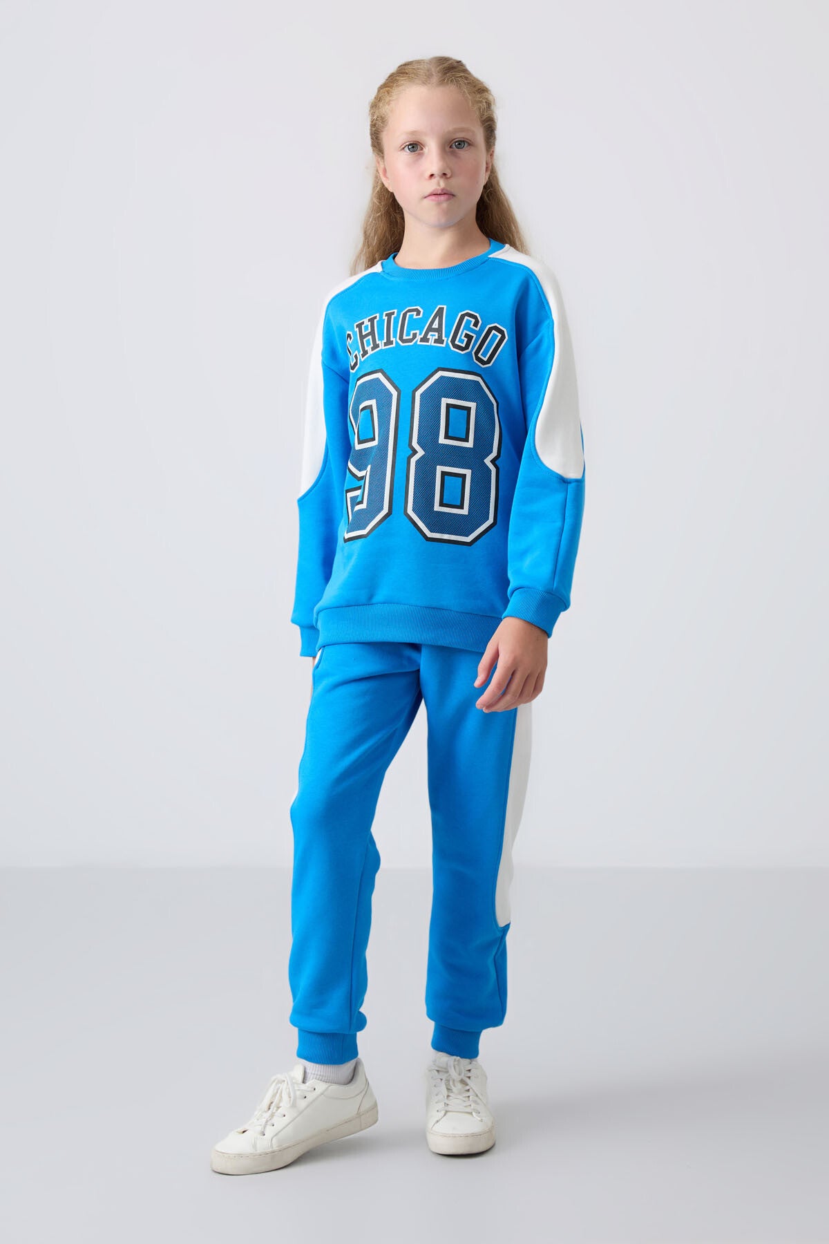 Mavi Pamuklu İçi Tüylü Yumuşak Dokulu Standart Fit Baskılı Kız Çocuk Eşofman Takım - 75170
