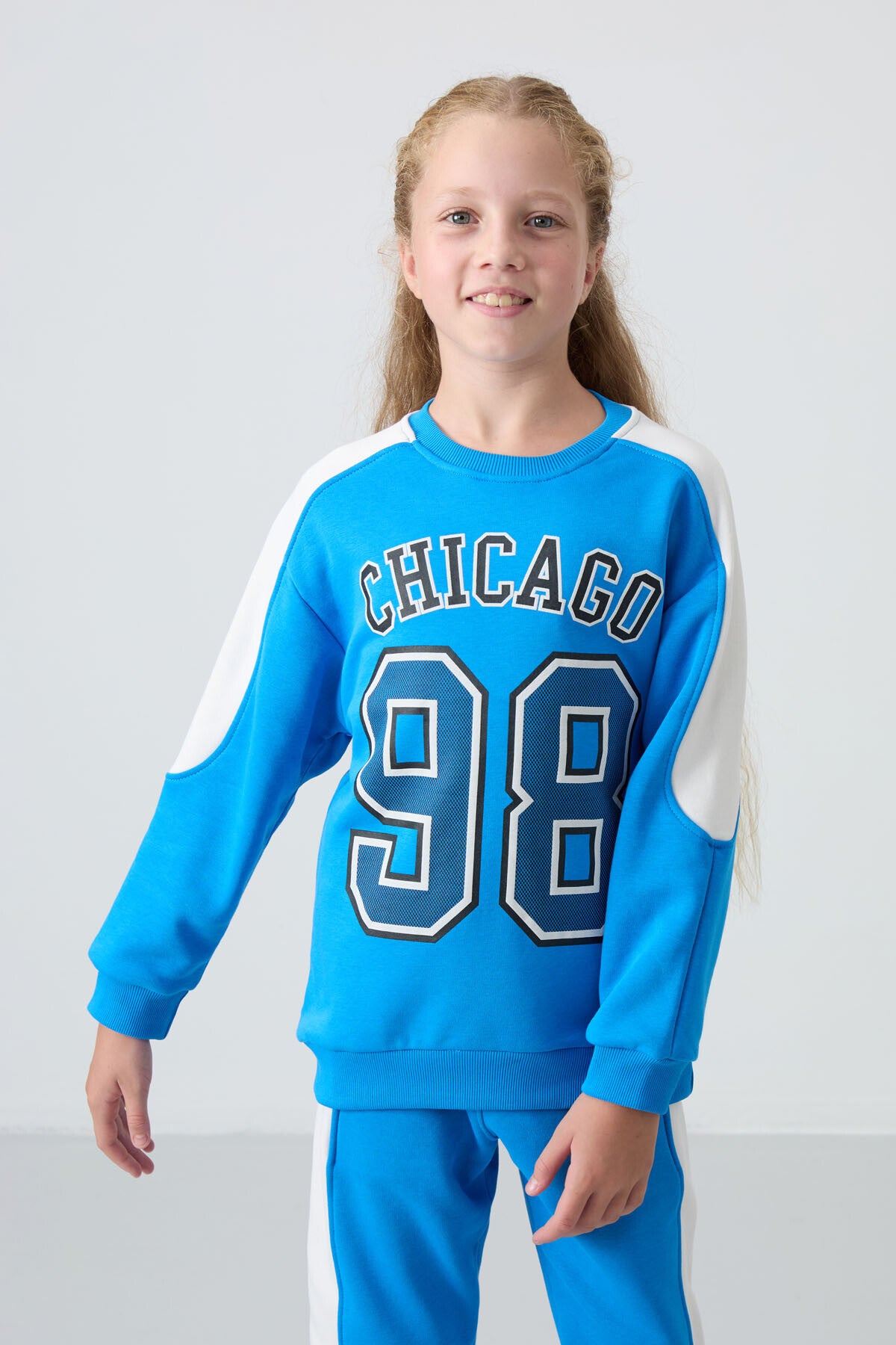 Mavi Pamuklu İçi Tüylü Yumuşak Dokulu Standart Fit Baskılı Kız Çocuk Eşofman Takım - 75170