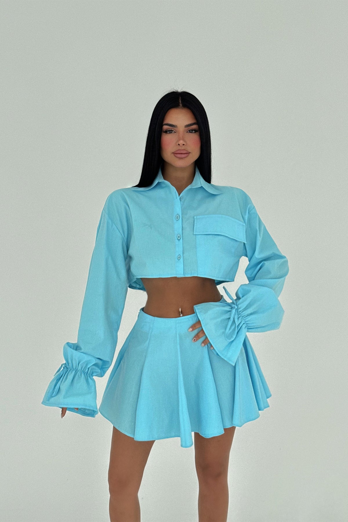 Mavi Jila Mini Etek Üst Gömlek Takım ATE-1536