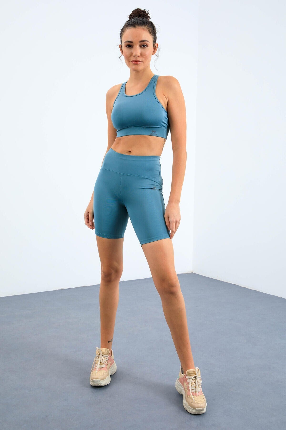 Mint Yeşil Yüksek Bel Toparlayıcı Slim Fit Büstiyer Biker Kadın Tayt Takım - 95303