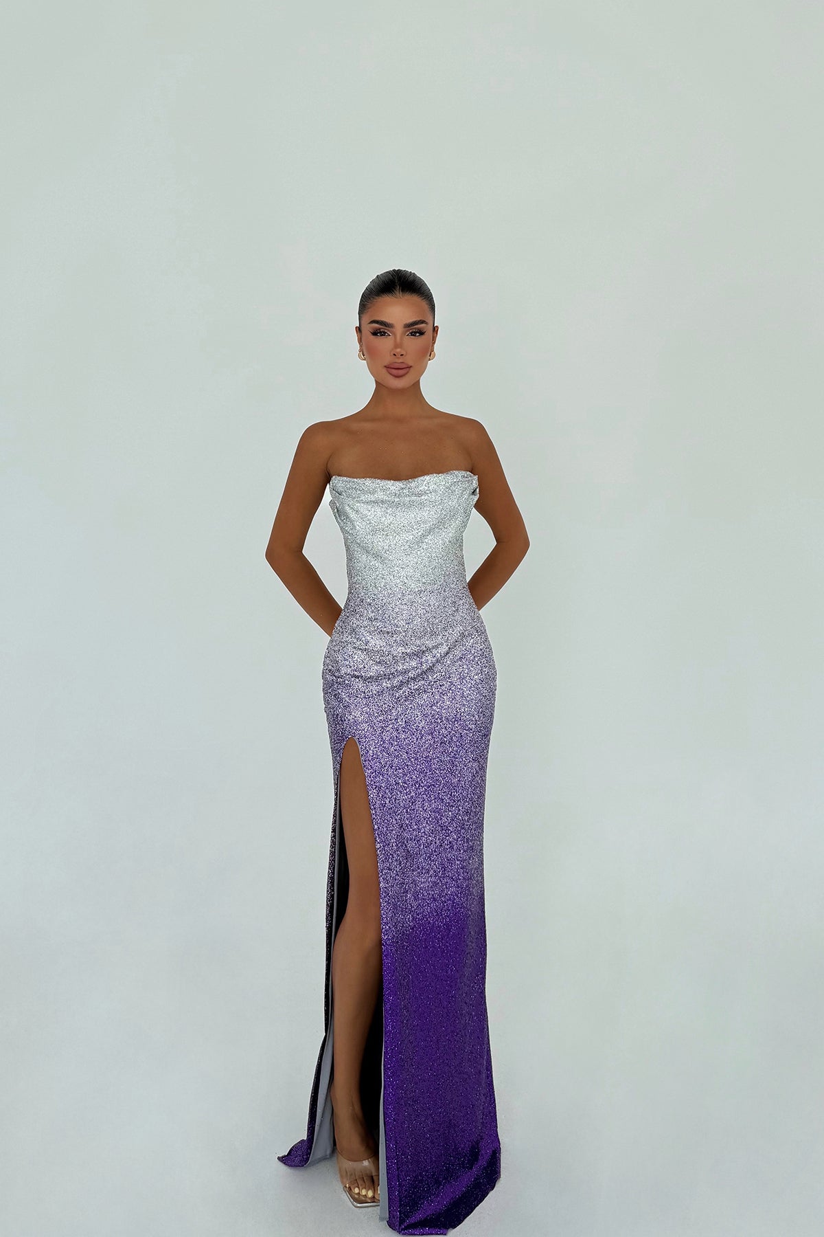 Mor Toulon Uzun Yırtmaçlı Elbise ATE-3075