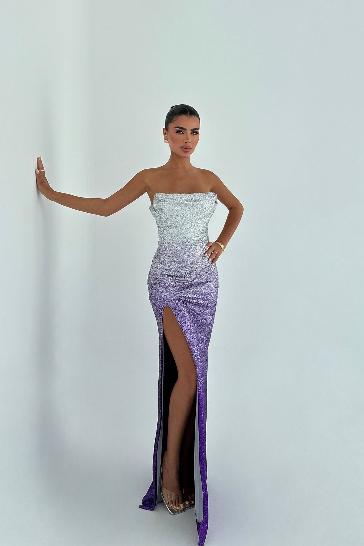 Mor Toulon Uzun Yırtmaçlı Elbise ATE-3075