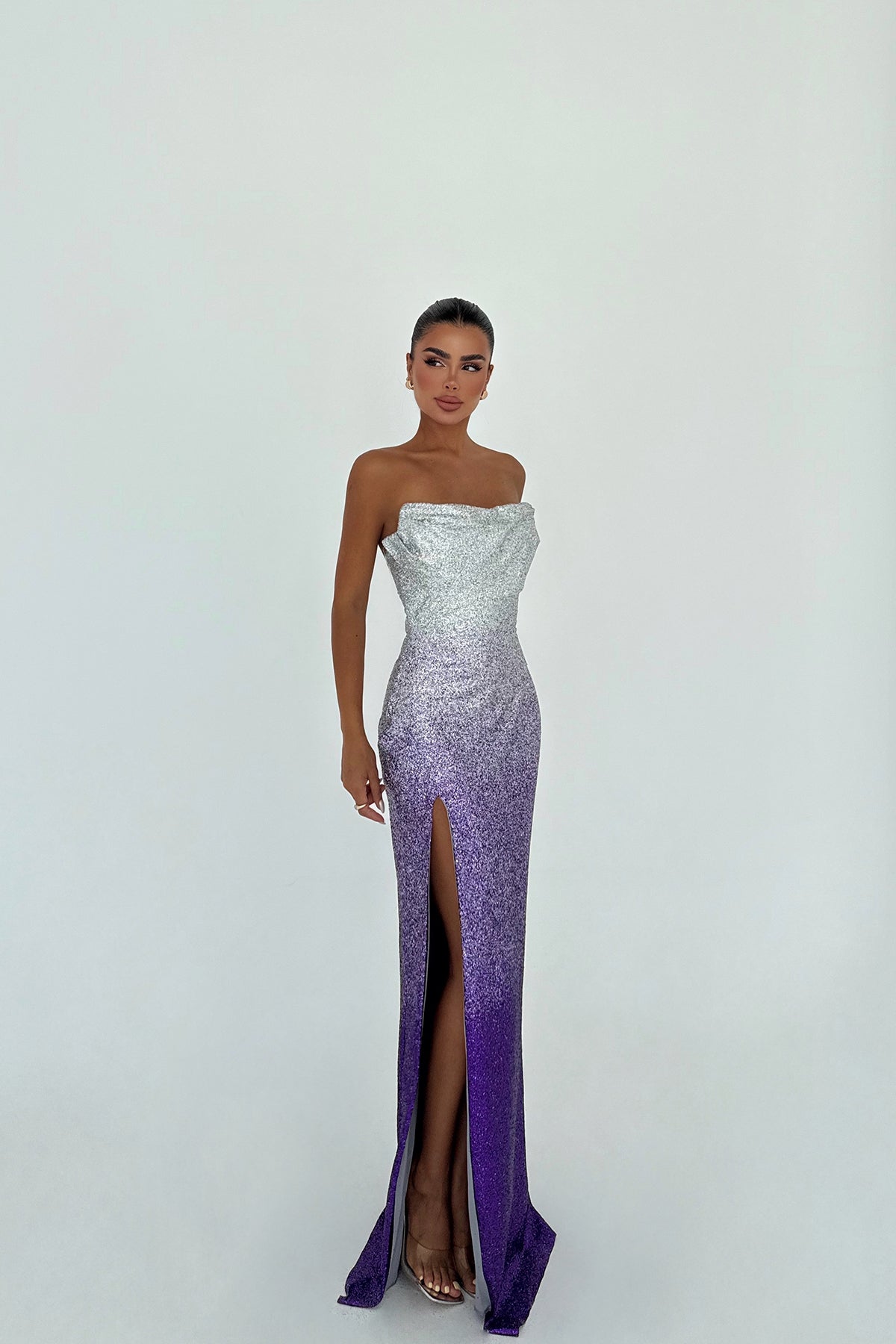 Mor Toulon Uzun Yırtmaçlı Elbise ATE-3075