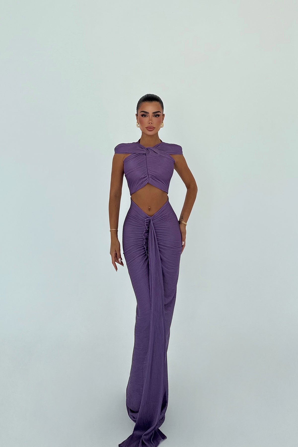 Mor Orleans Uzun Elbise ATE-3049