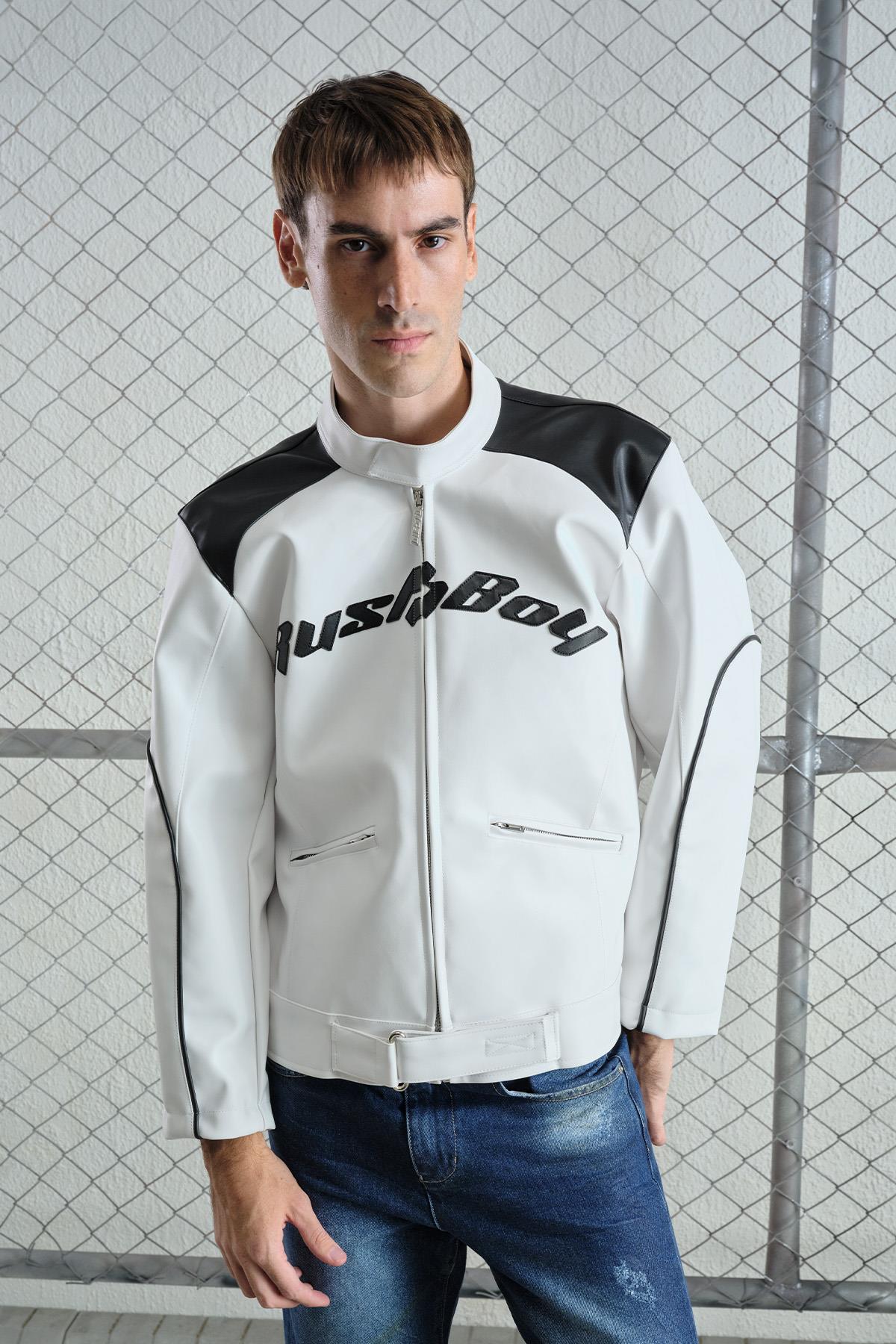 MOTORCU BEYAZ DERİ CEKET