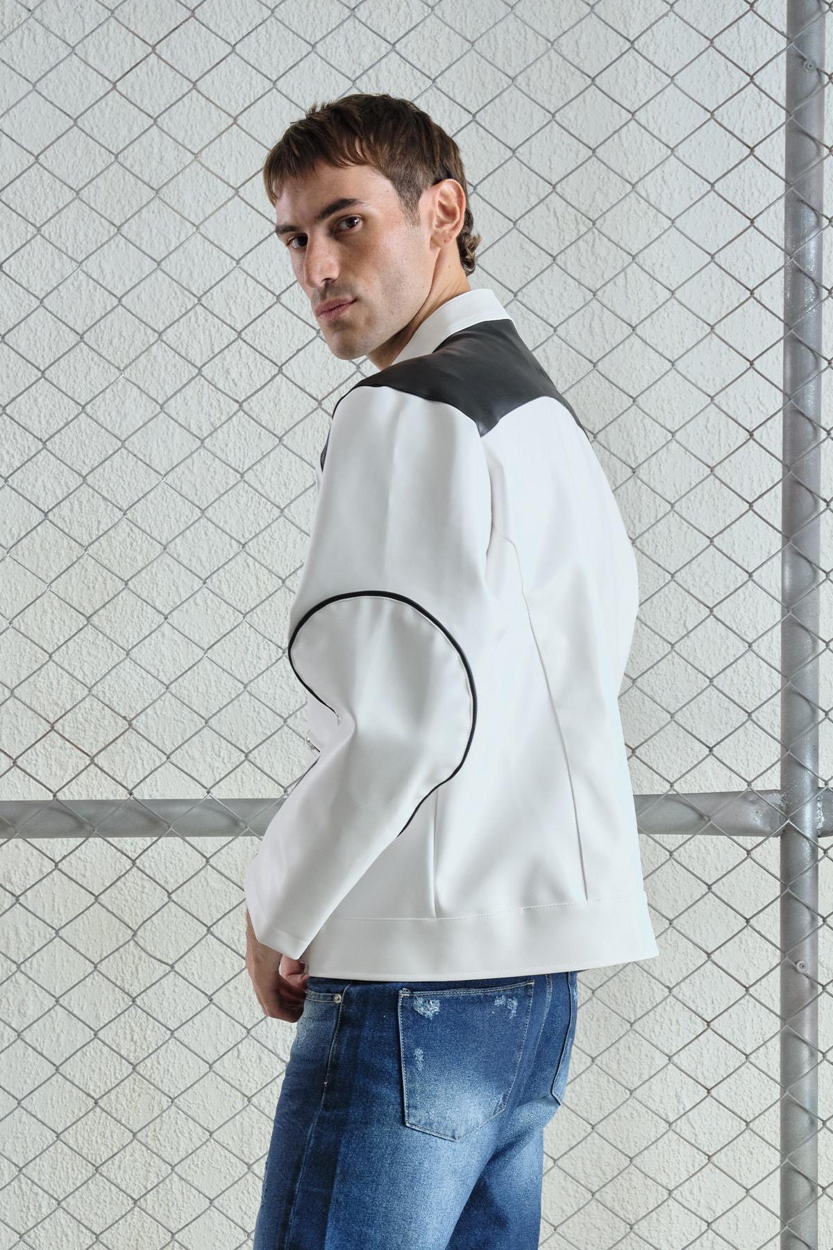 MOTORCU BEYAZ DERİ CEKET