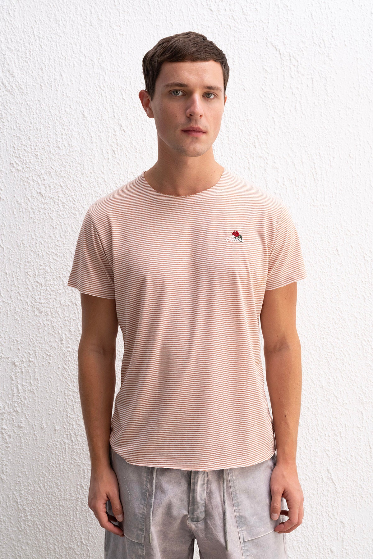 NAKIŞ DETAYLI ÇİZGİLİ KİREMİT T-SHIRT