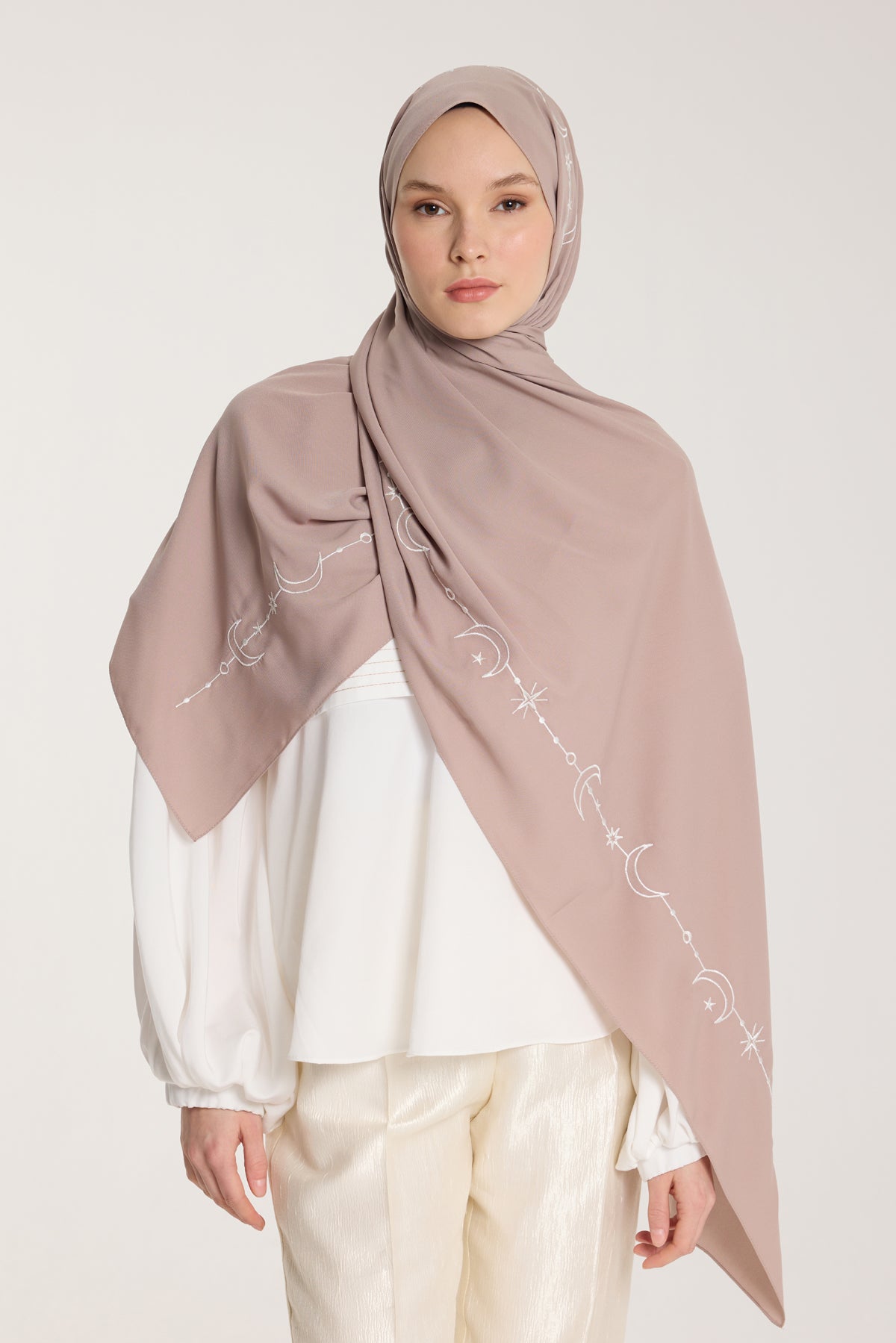 Nakış Şal - Hilal Dokuma - Vizon - Beyaz
