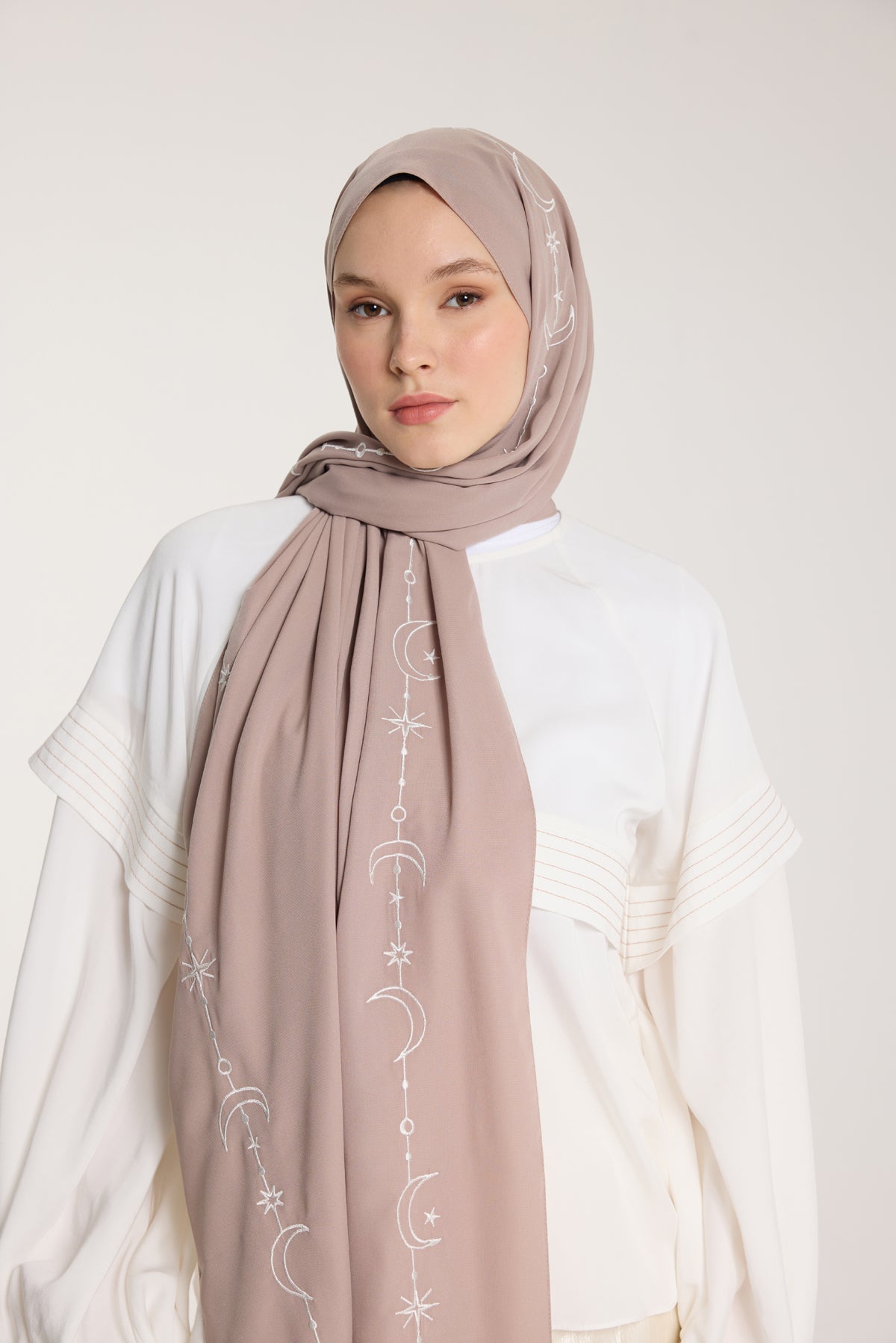 Nakış Şal - Hilal Dokuma - Vizon - Beyaz