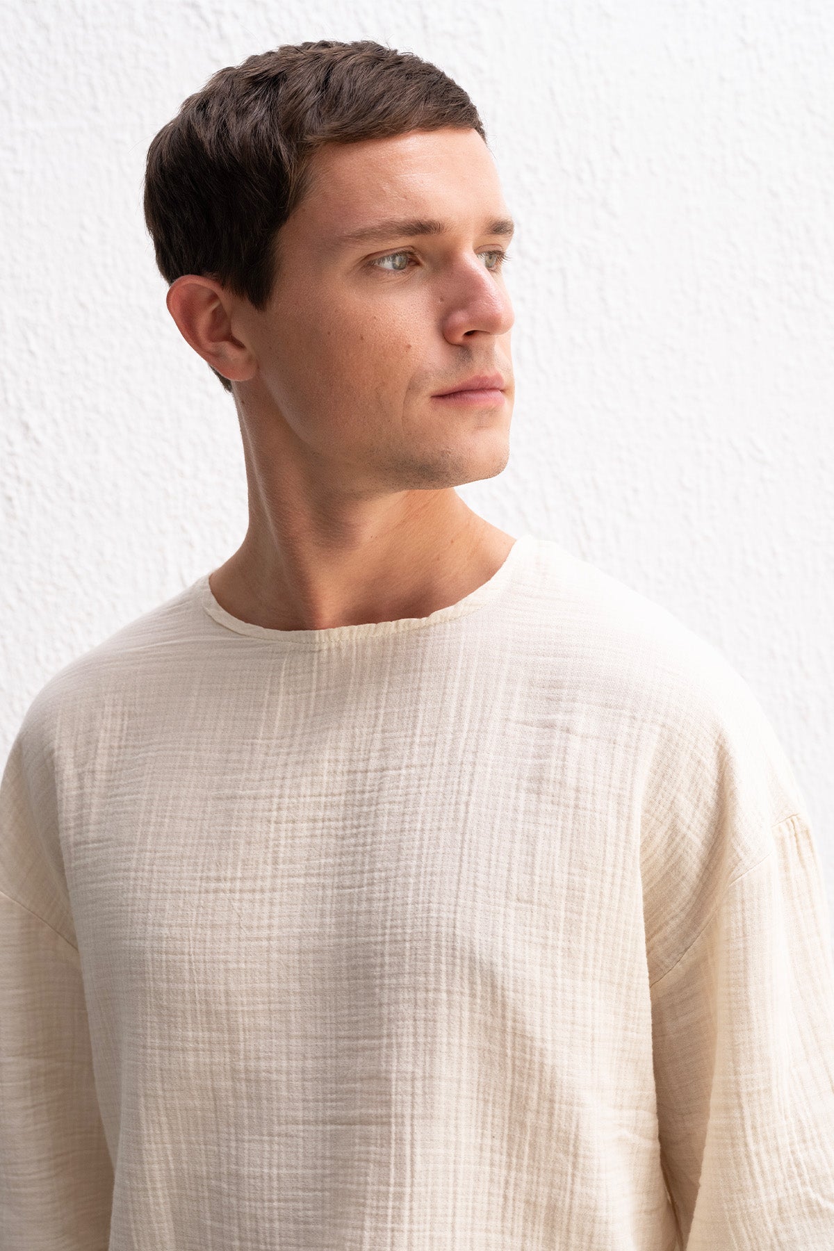 NAKIŞLI DOKULU BEJ T-SHIRT - BEJ S