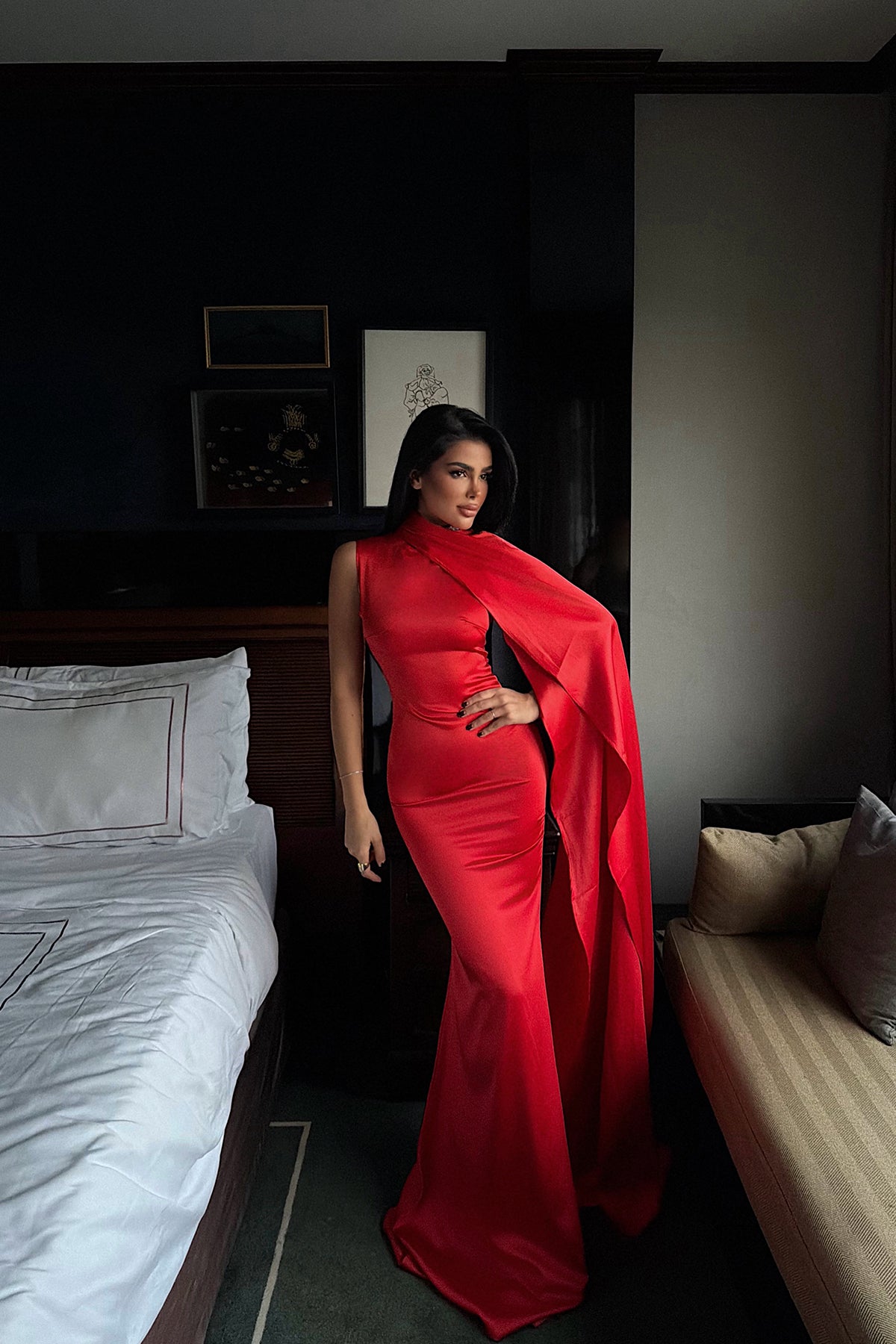 Nar Çiçeği Messcy uzun fularlı elbise ATE-3991