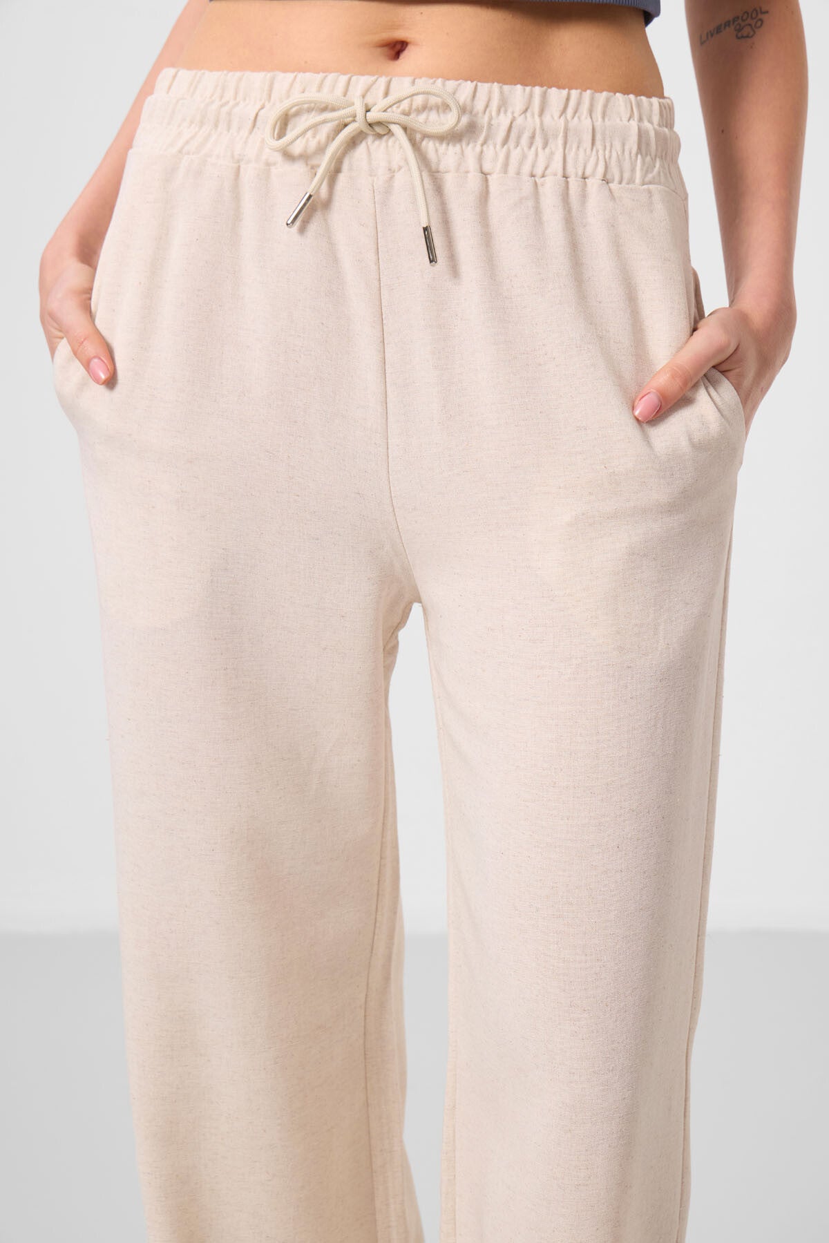 Bej Keten Geniş Paça Rahat Form Kadın Palazzo Pantolon - 94675