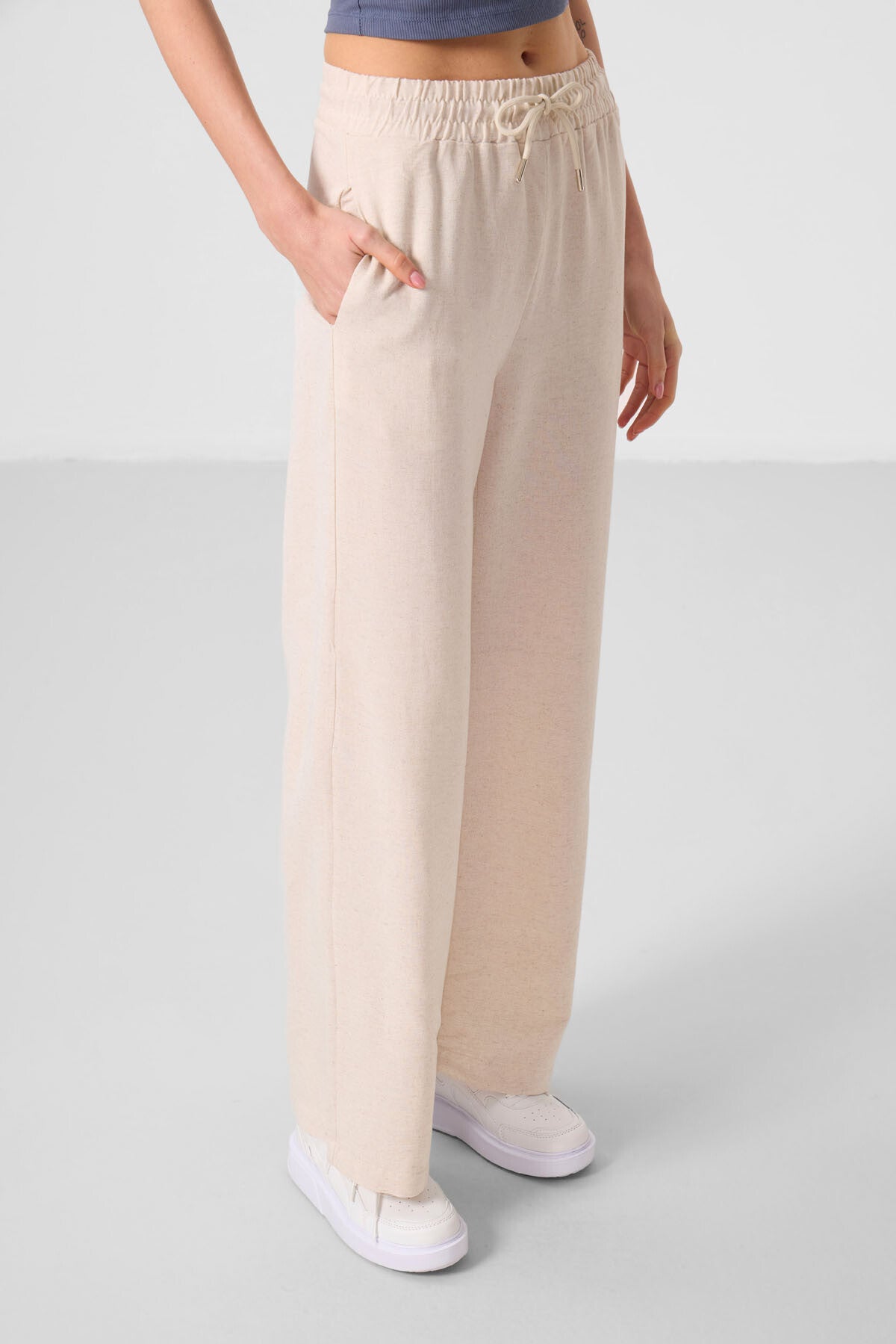 Bej Keten Geniş Paça Rahat Form Kadın Palazzo Pantolon - 94675