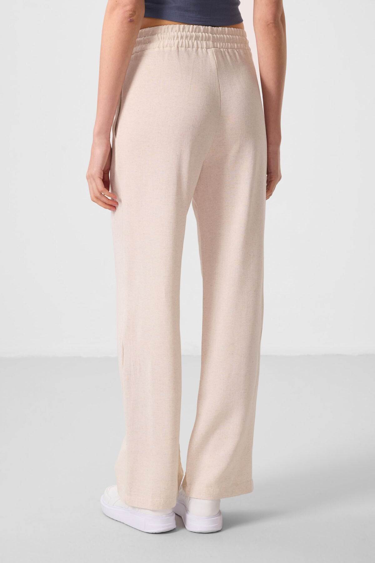 Bej Keten Geniş Paça Rahat Form Kadın Palazzo Pantolon - 94675