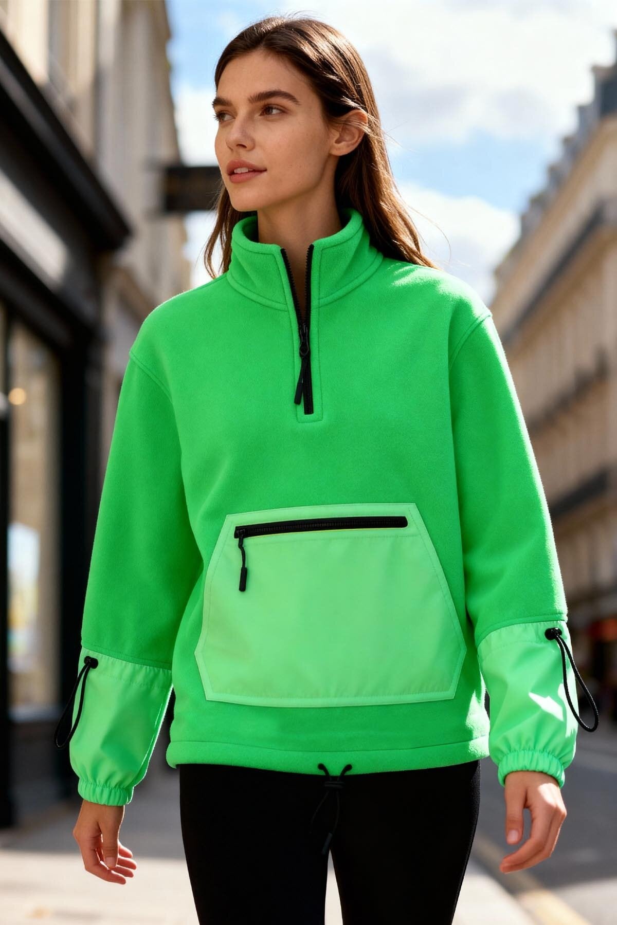 Neon Yeşil Etek Ucu Büzgülü Yarım Fermuarlı Oversize Kadın Polar Sweatshirt - 97238