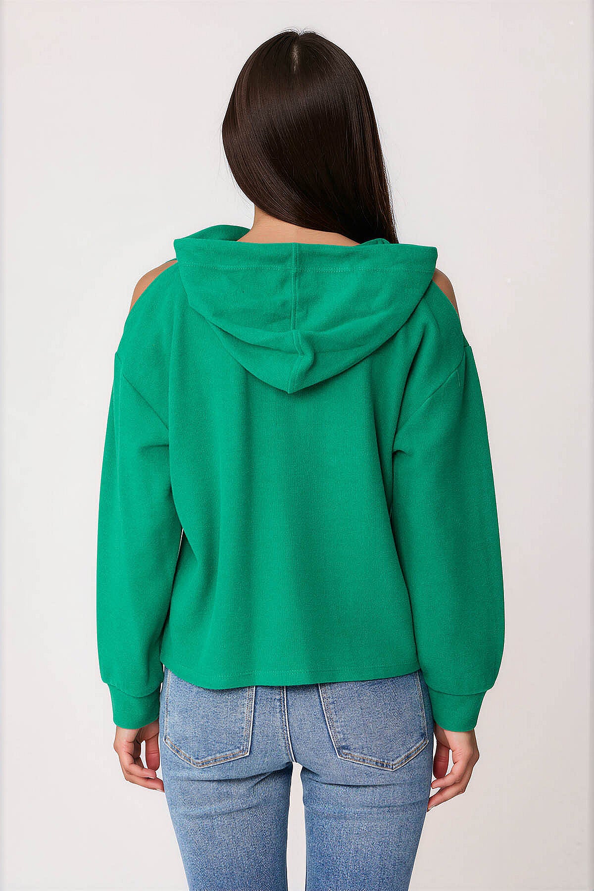 Omuz Dekolteli Kanguru Cep Kapüşonlu Sweatshirt