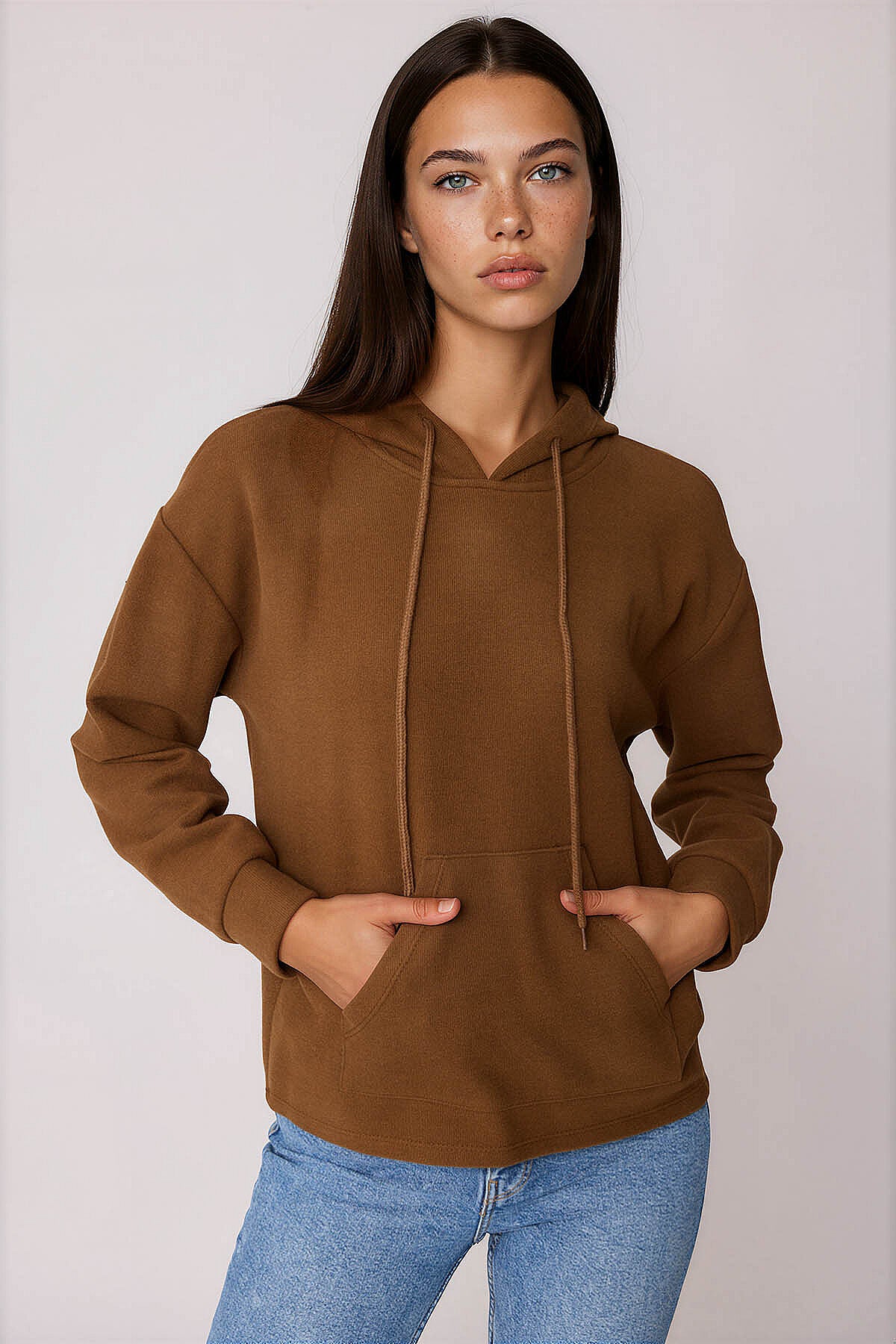 Omuz Dekolteli Kanguru Cep Kapüşonlu Sweatshirt